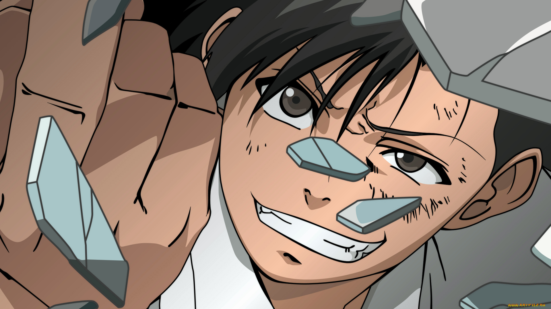 аниме, black, lagoon, улыбка, осколки, мужчина, okajima, rokuro, палец, жест, рука