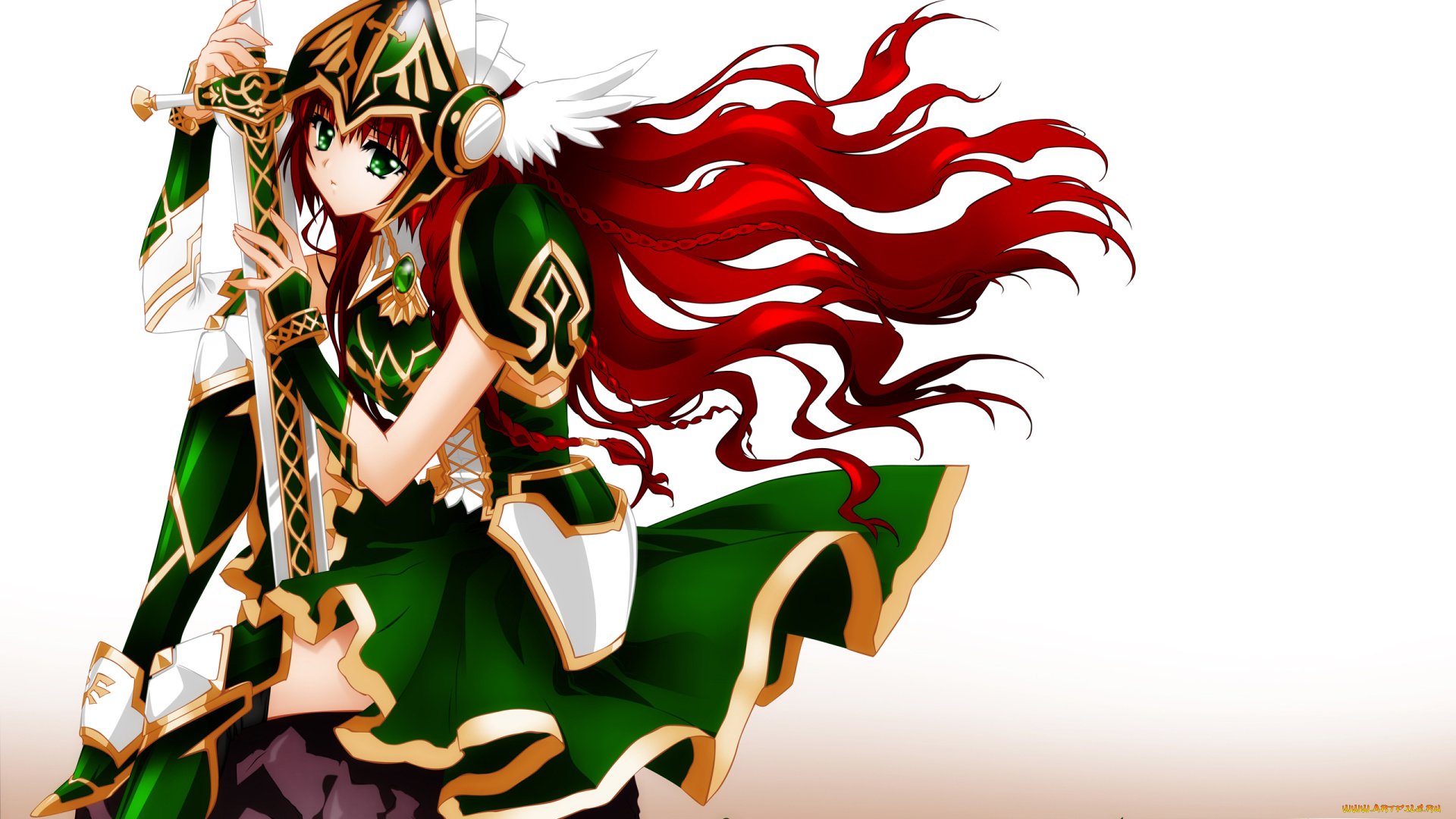 аниме, carnelian, взгляд, меч, шлем, волосы, девушка, арт