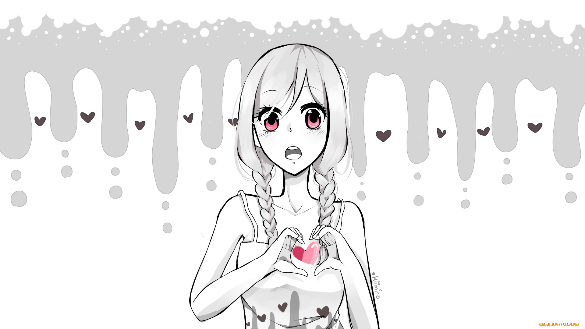 аниме, день, святого, валентина, kiimiro, сердечки, взгляд, арт, девушка, val