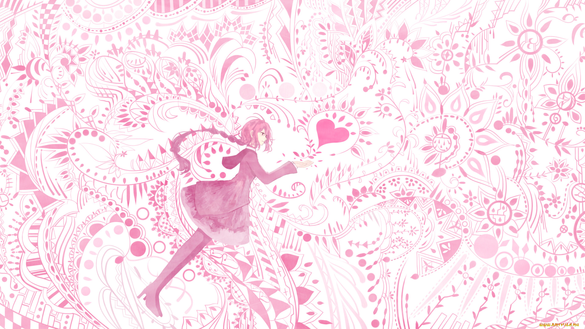 аниме, день, святого, валентина, сердечко, цветы, розово-белое, орнамент, девушка, арт