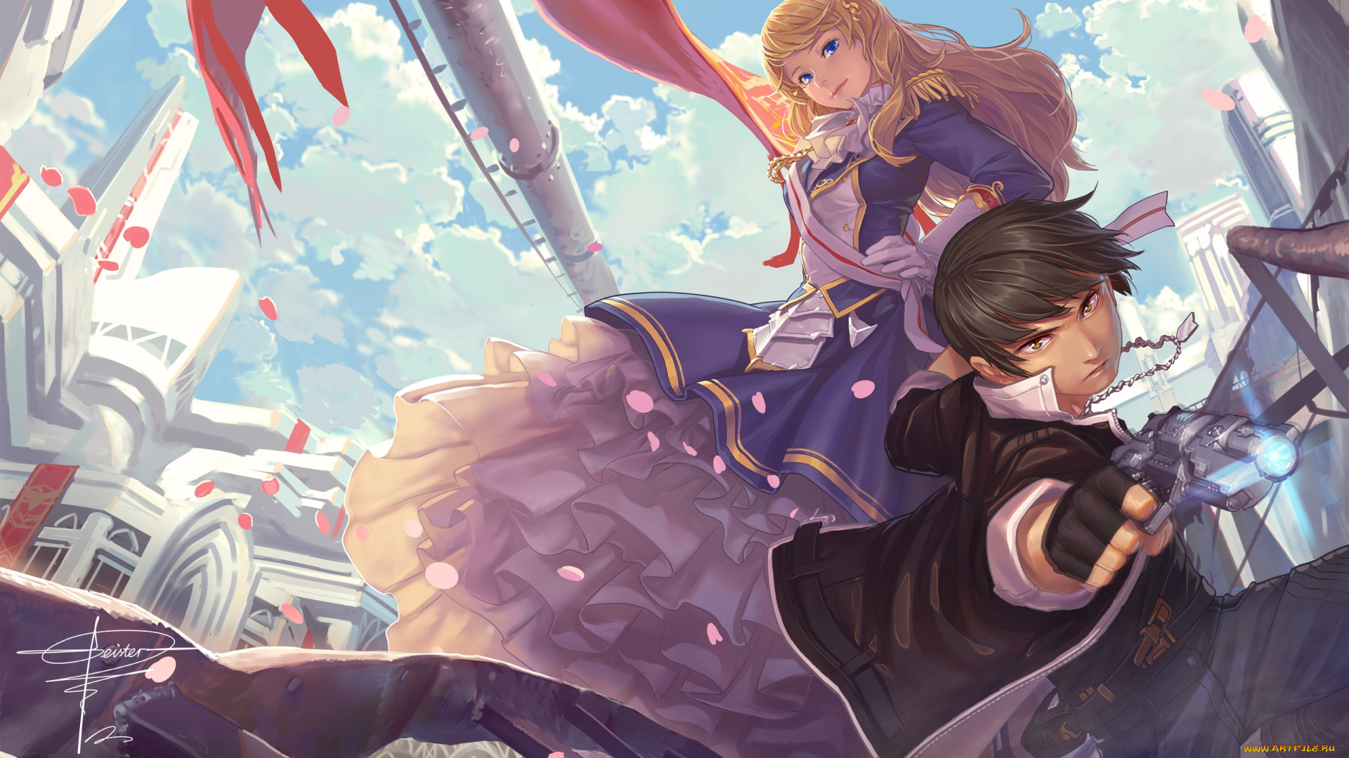 аниме, оружие, , техника, , технологии, небо, взгляд, пистолет, город, девушка, облака, парень, geister