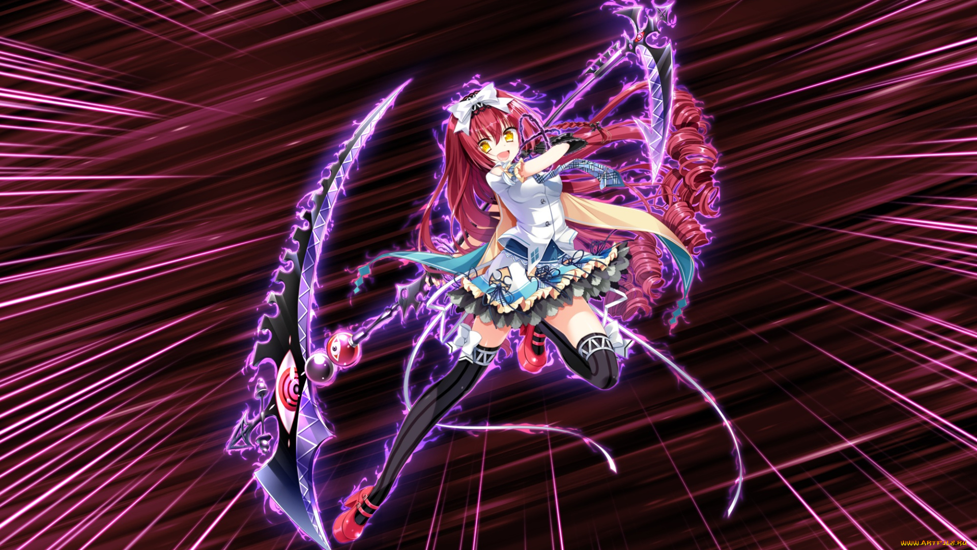 аниме, оружие, , техника, , технологии, взгляд, поза, youta, mayoeru, futari, to, sekai, no, subete, бант, коса, девушка