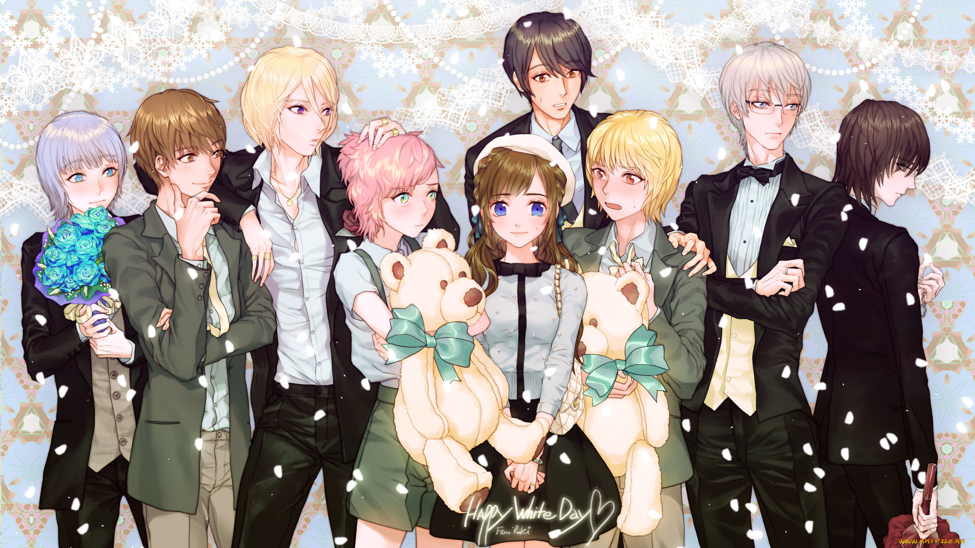 аниме, unknown, , другое, парни, арт, букет, мягкие, игрушки, медведи, люди, rukiana, узоры, девушка