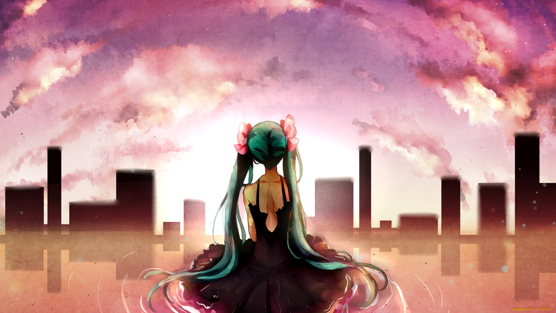 аниме, vocaloid, закат, город, девушка, арт, hatsune, miku
