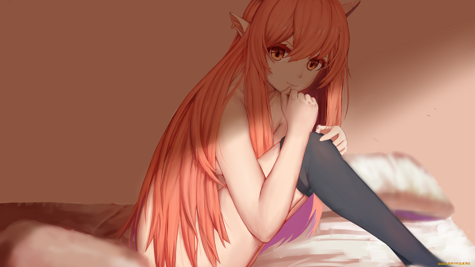 аниме, животные, , существа, арт, рыжая, улыбка, сидит, рога, рожки, девушка, взгляд, sugar, sound