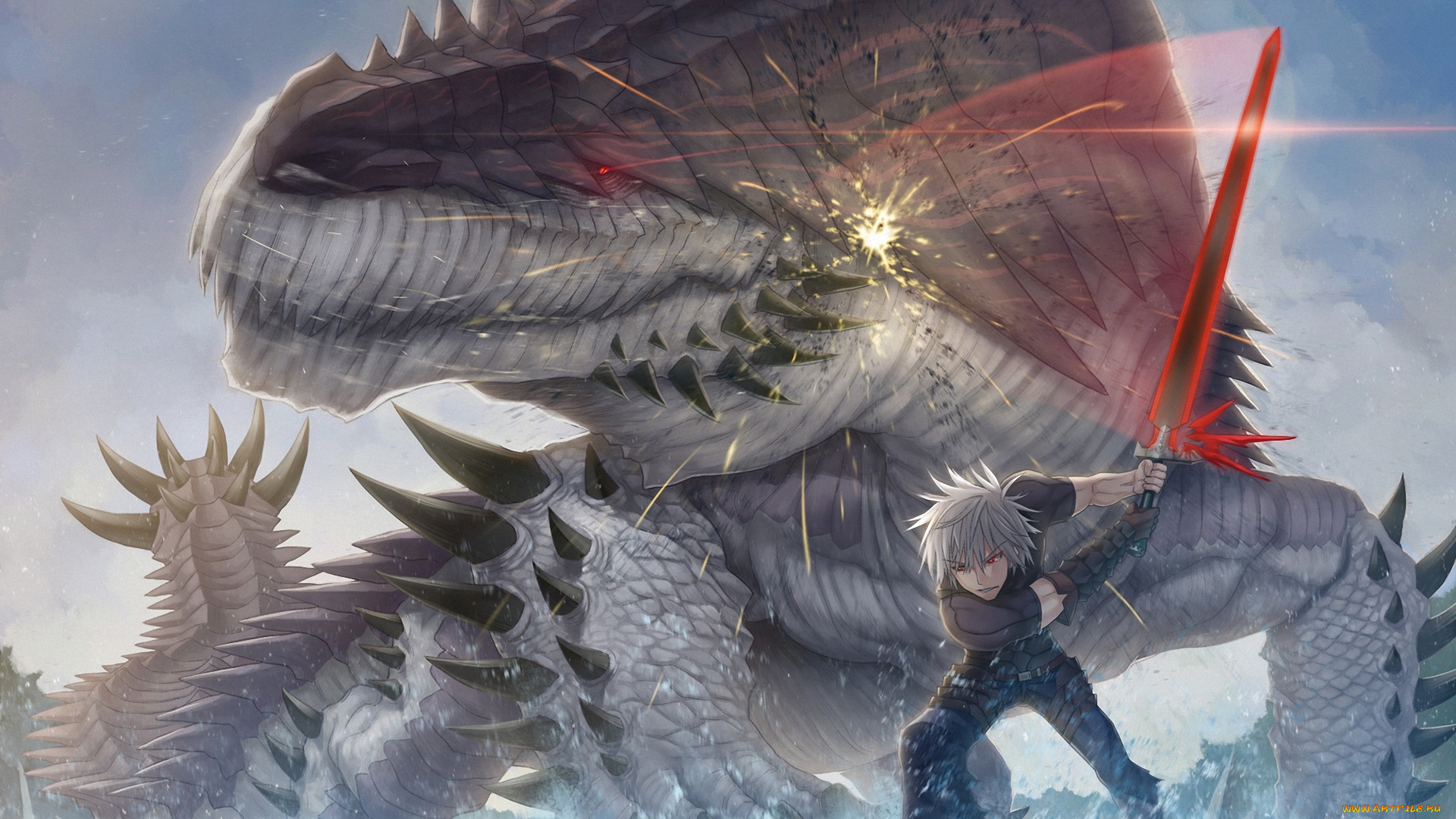 аниме, животные, , существа, парень, оружие, ящер, меч