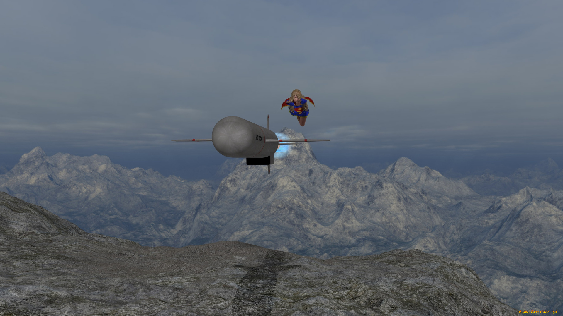 supergirl, 3д, графика, фантазия, , fantasy, девушка, полет, фон, взгляд, супермен, горы