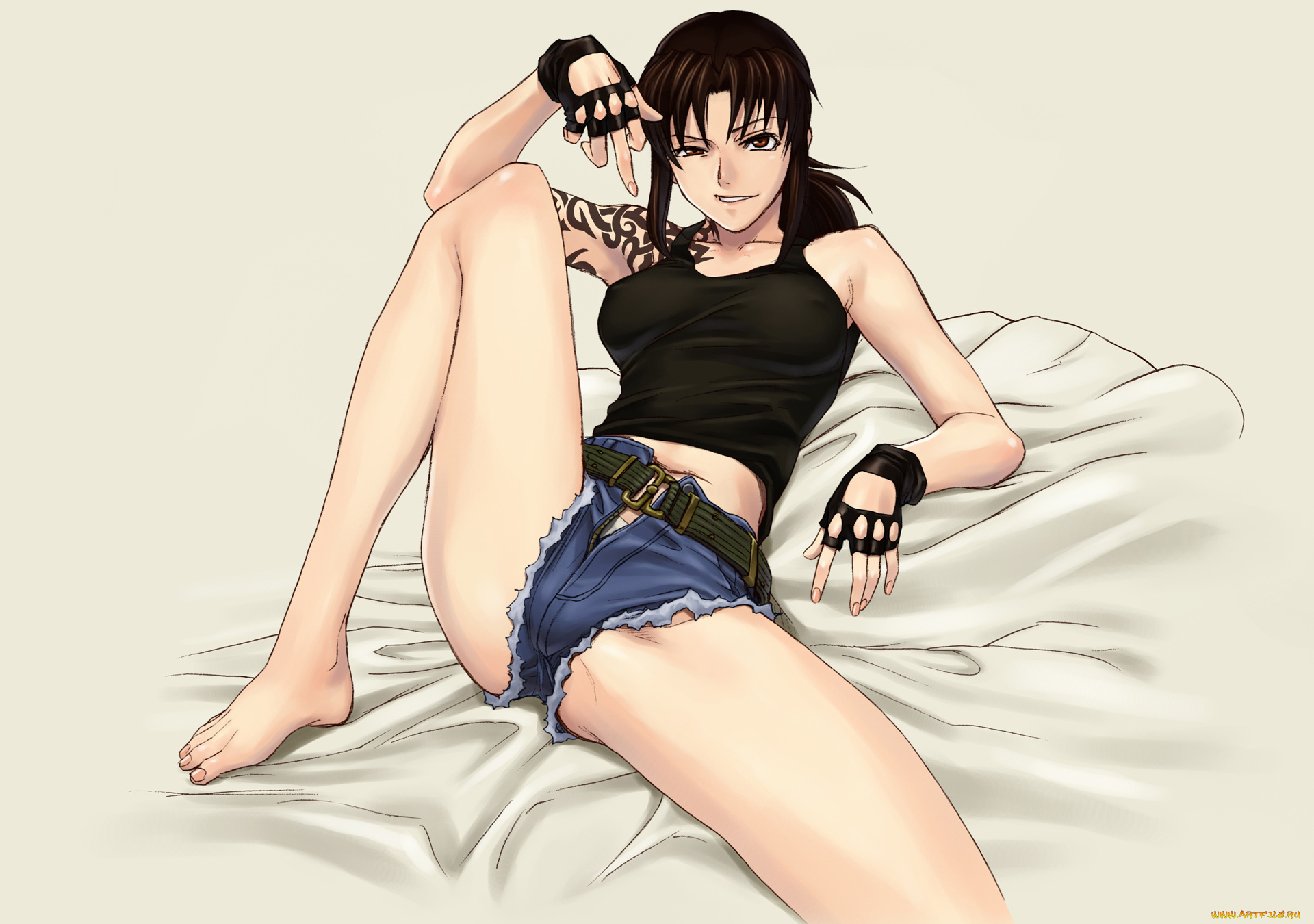 аниме, black, lagoon, кровать, девушка, перчатки, revy, татуировка