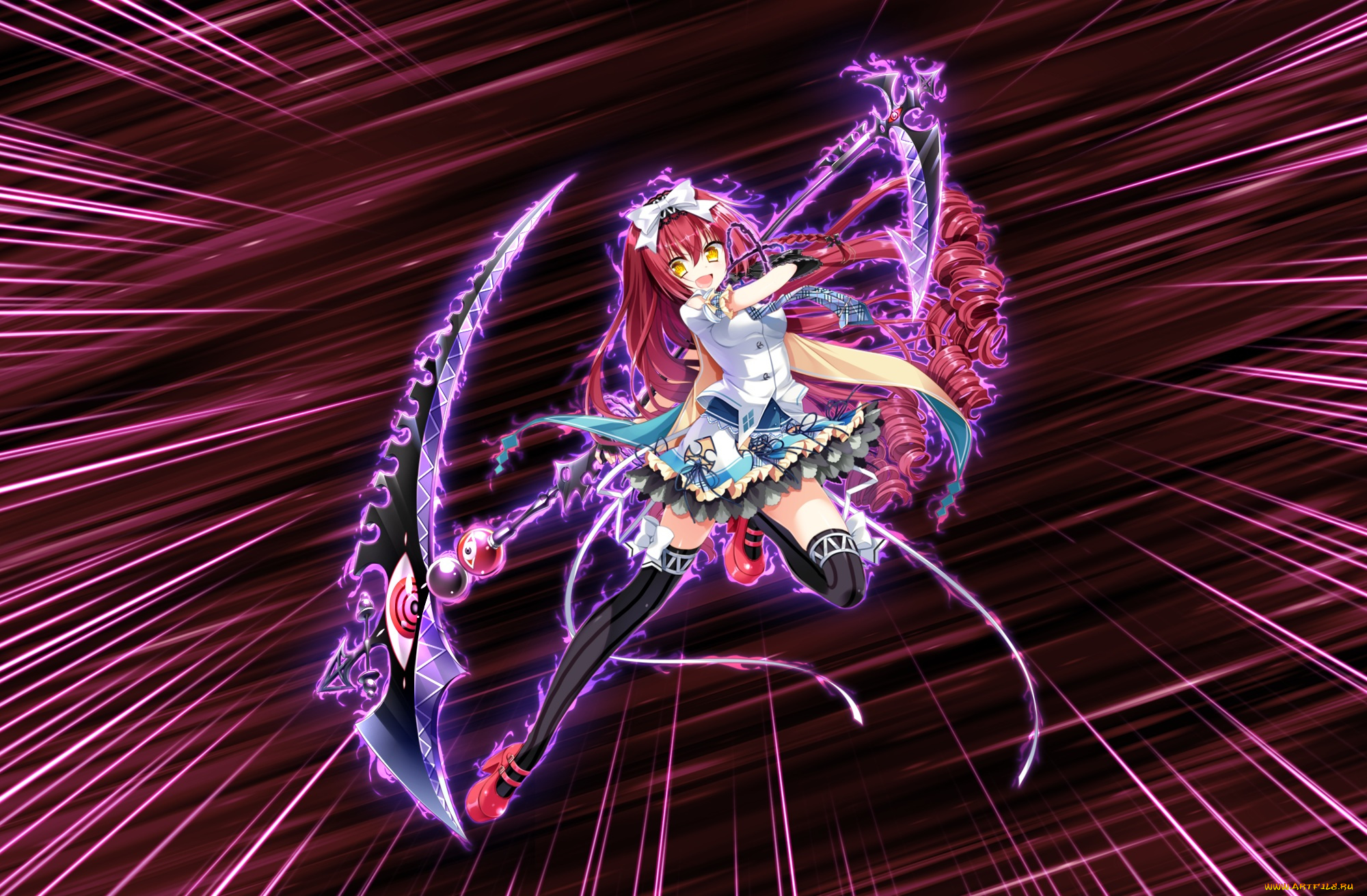 аниме, оружие, , техника, , технологии, взгляд, поза, youta, mayoeru, futari, to, sekai, no, subete, бант, коса, девушка