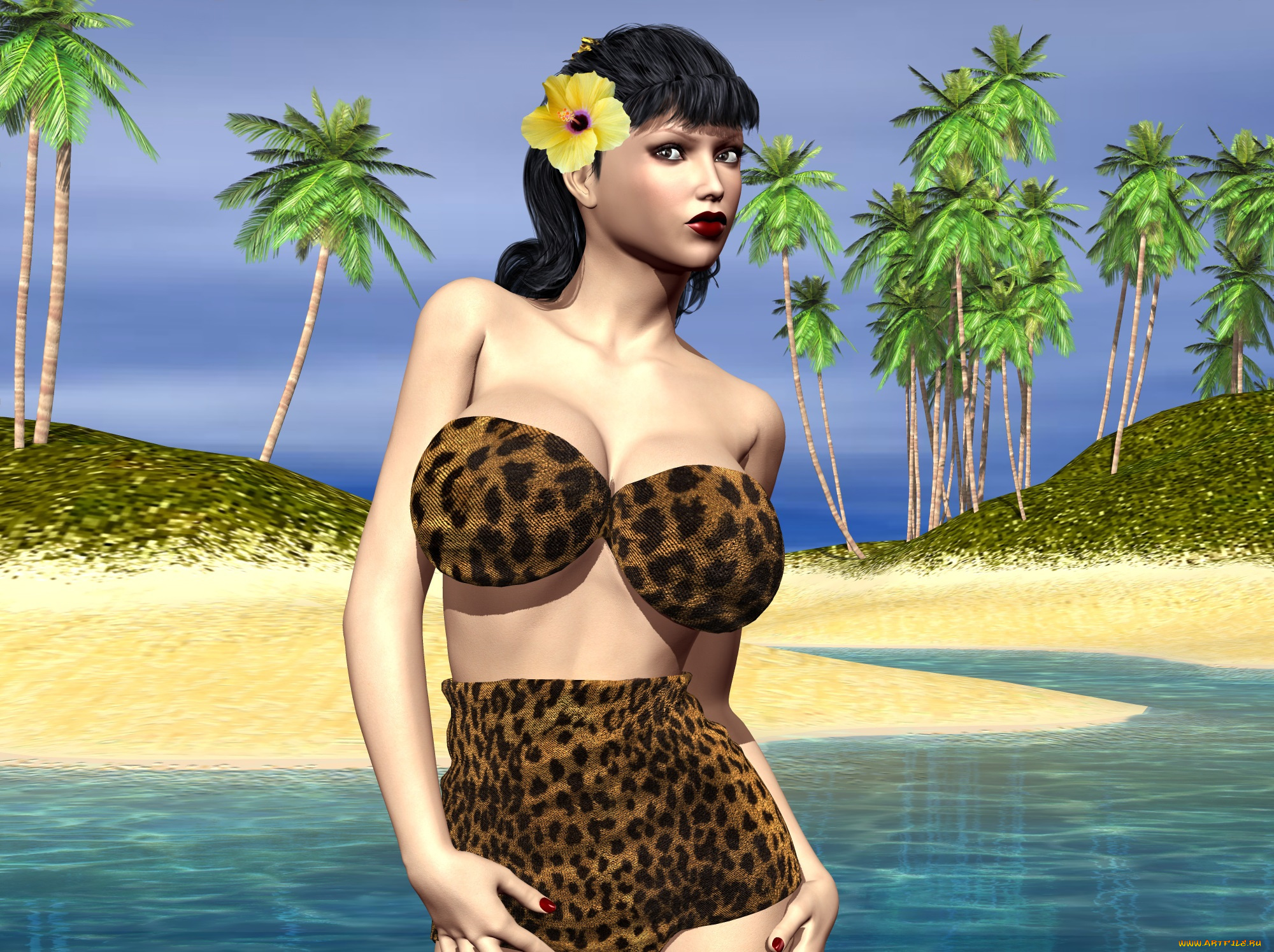 3д, графика, люди, , people, девушка, взгляд, фон, пляж, море, пальмы