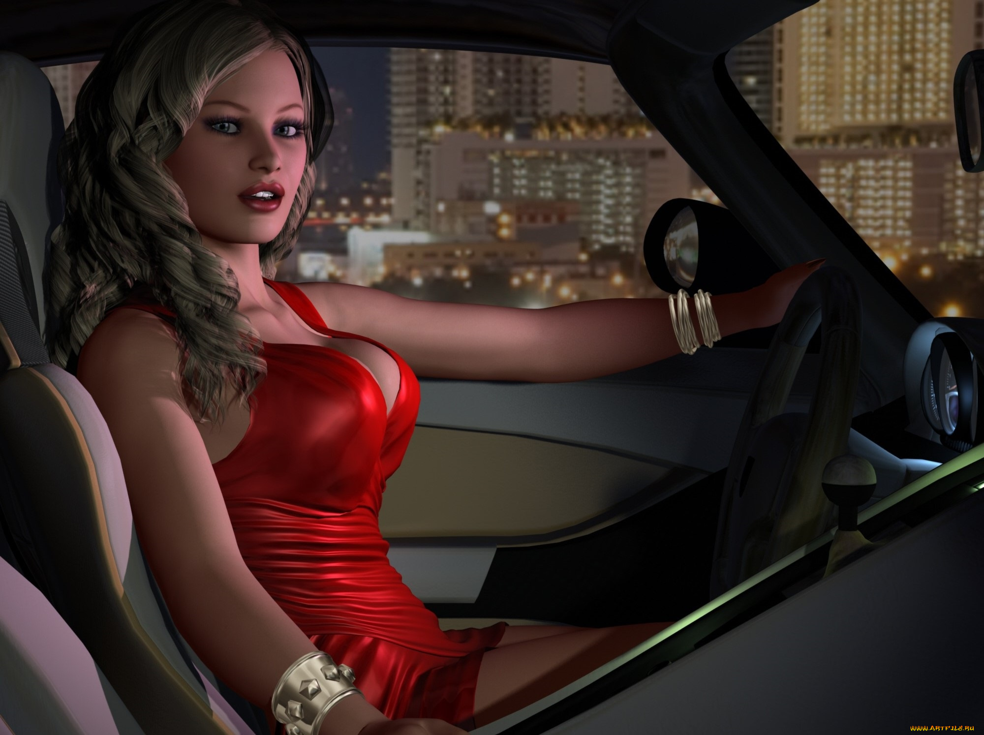 3д, графика, люди, , people, девушка, взгляд, фон, автомобиль