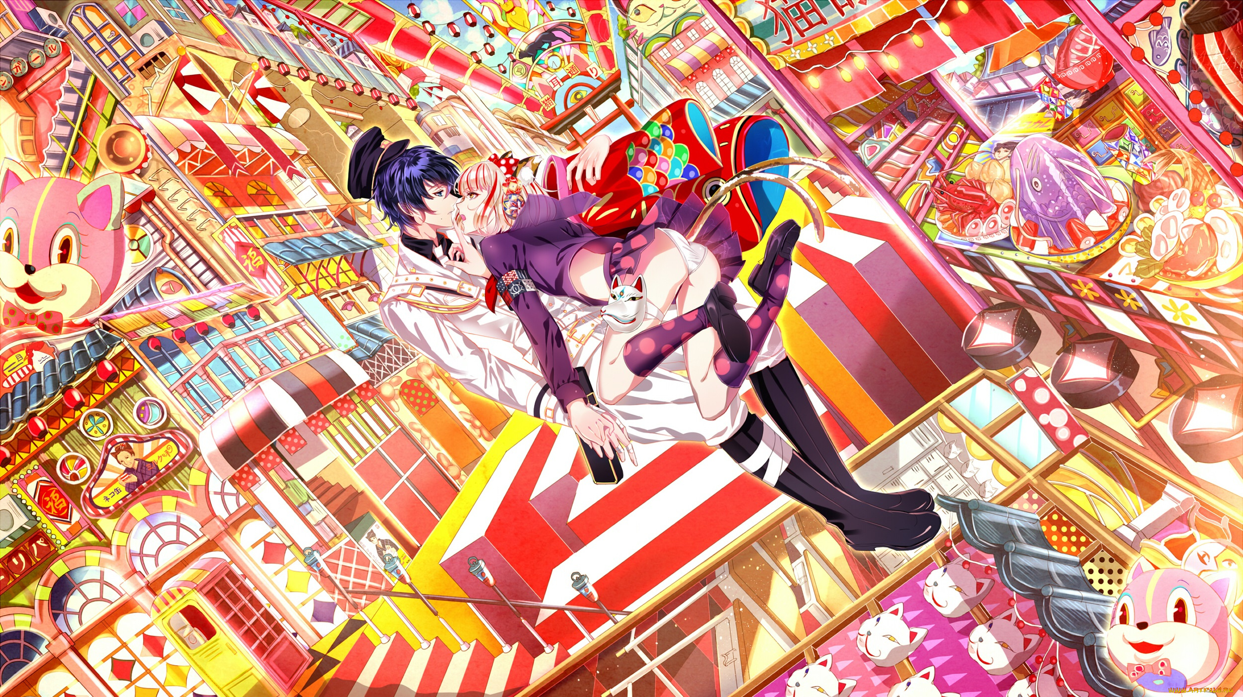 аниме, uta, no, prince-sama, парень, yuna, девушка, яркие, краски, город, хвосты, art, уши, неко, объятья