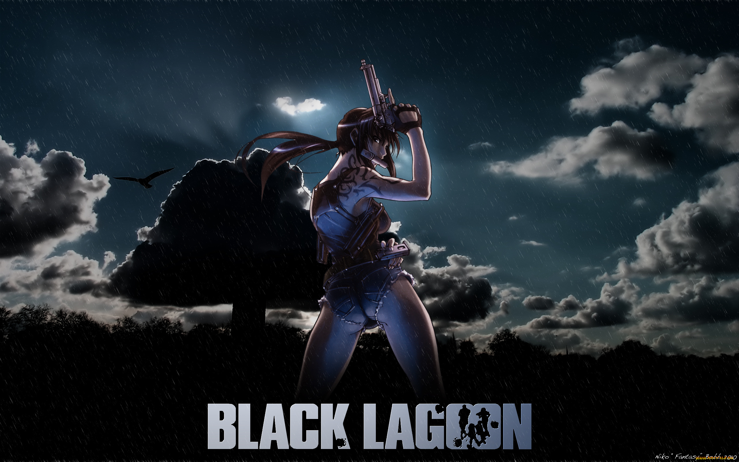 аниме, black, lagoon, птица, небо, дерево, облака, оружие, пистолет, девушка, revy, дождь