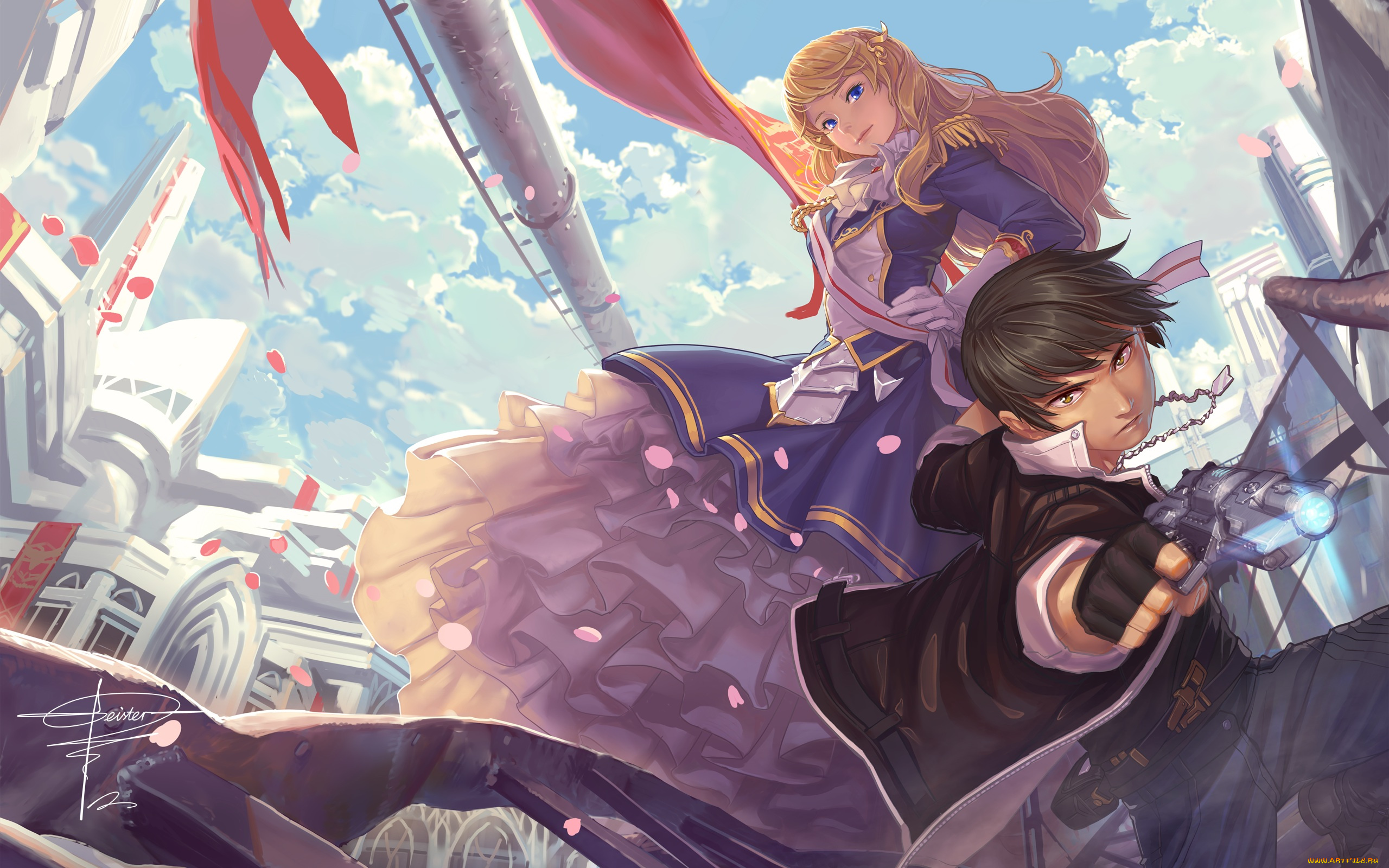 аниме, оружие, , техника, , технологии, небо, взгляд, пистолет, город, девушка, облака, парень, geister