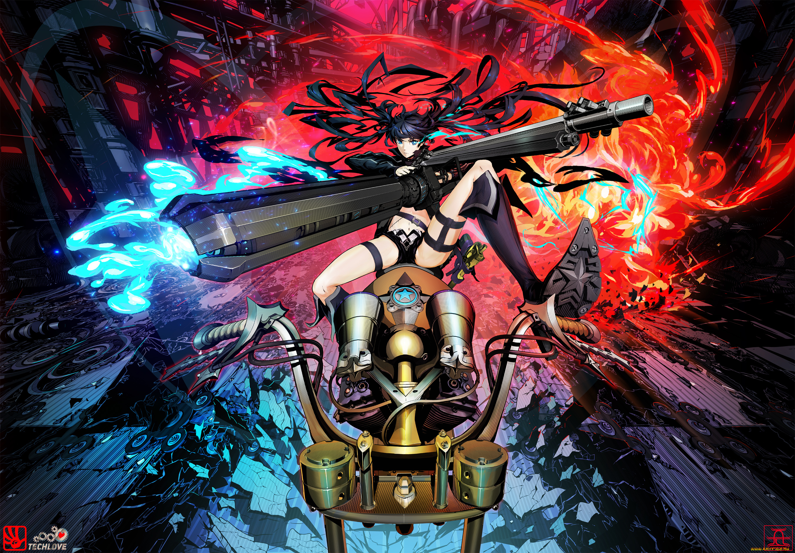 аниме, black, rock, shooter, мотоцикл, огонь, пламя, девушка, арт, arsenixc, оружие