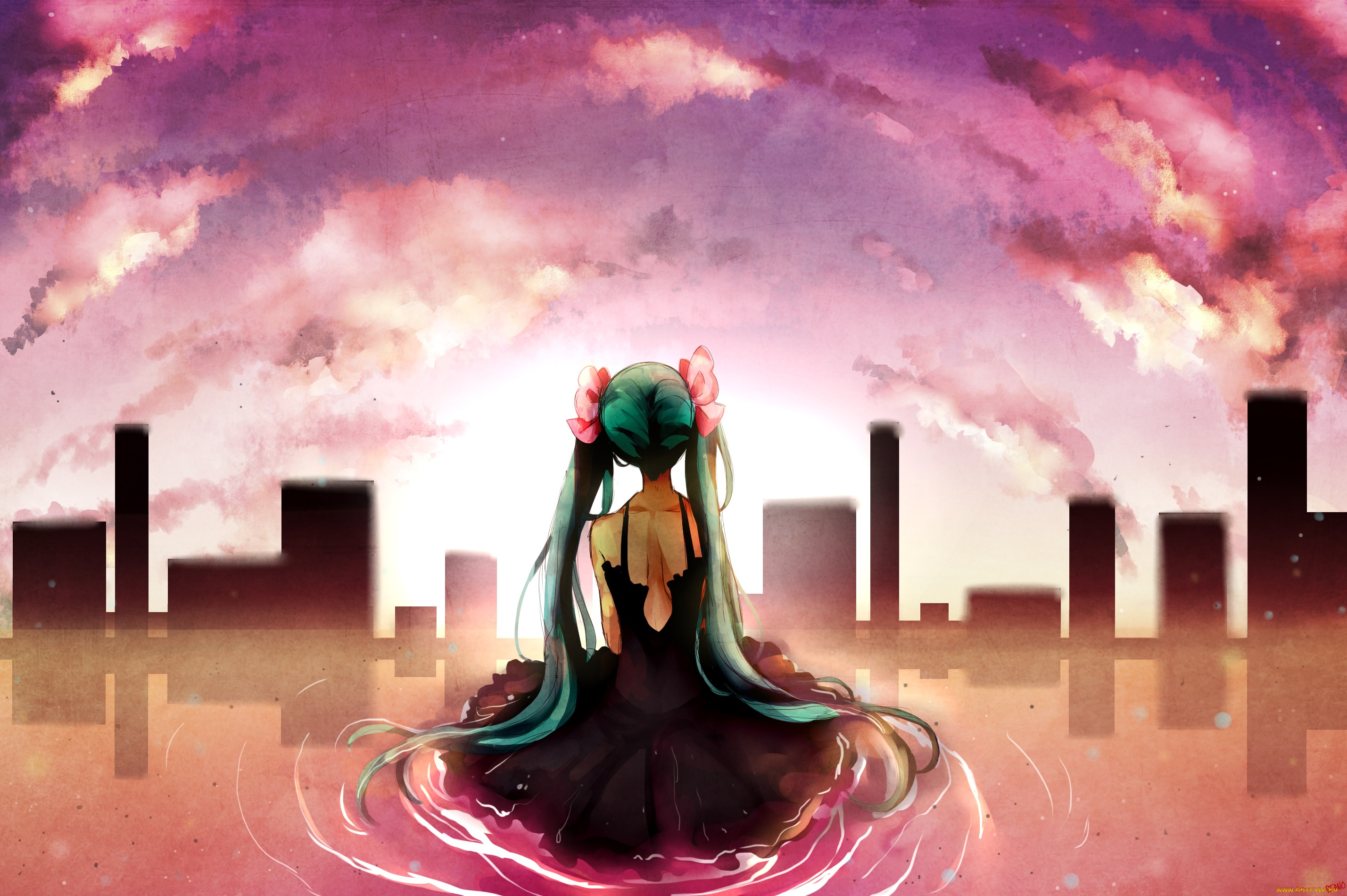 аниме, vocaloid, закат, город, девушка, арт, hatsune, miku