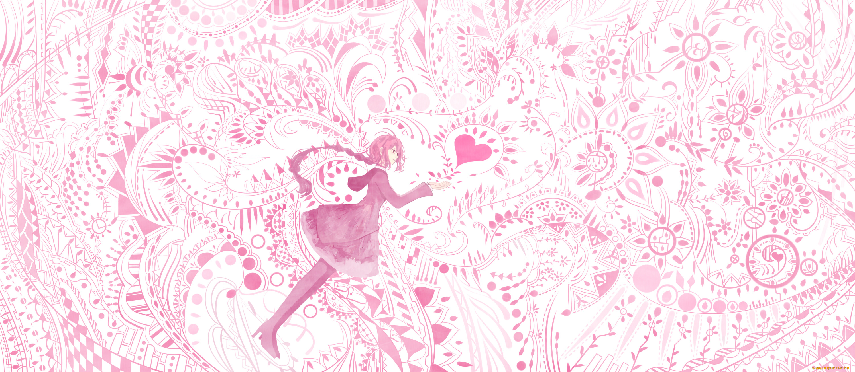 аниме, день, святого, валентина, сердечко, цветы, розово-белое, орнамент, девушка, арт