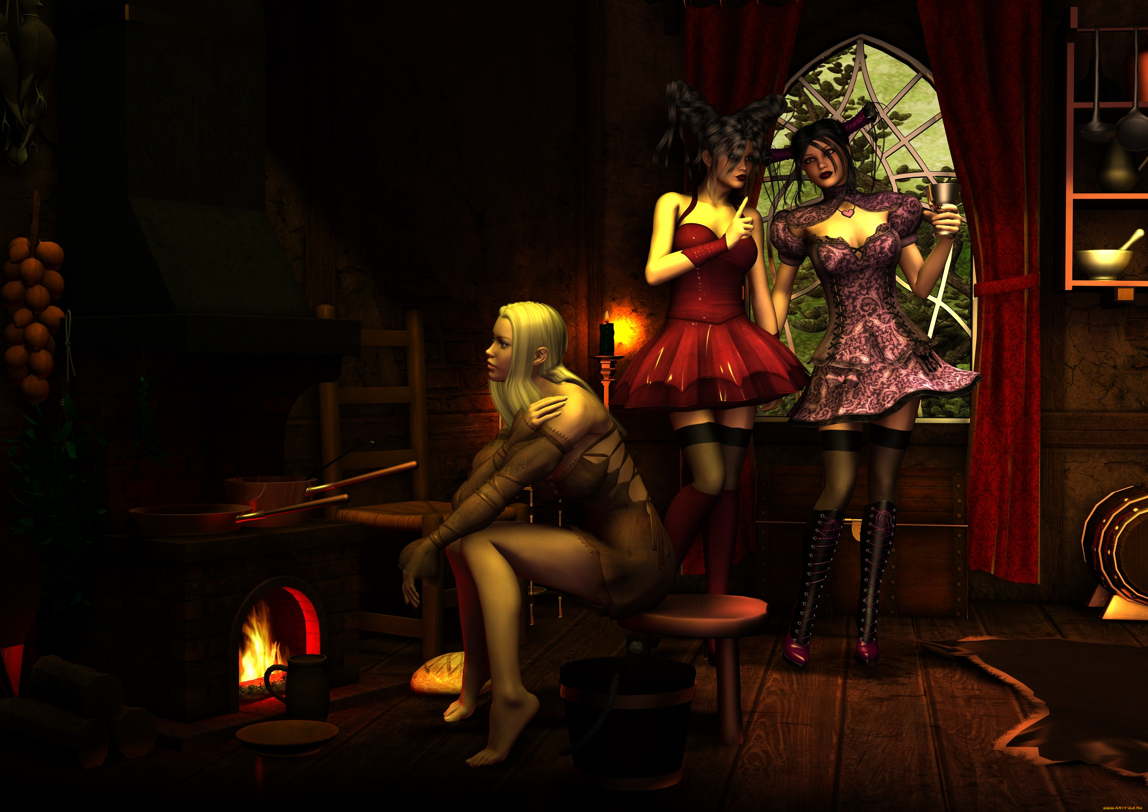 3д, графика, люди, , people, камин, фон, взгляд, девушки, вино