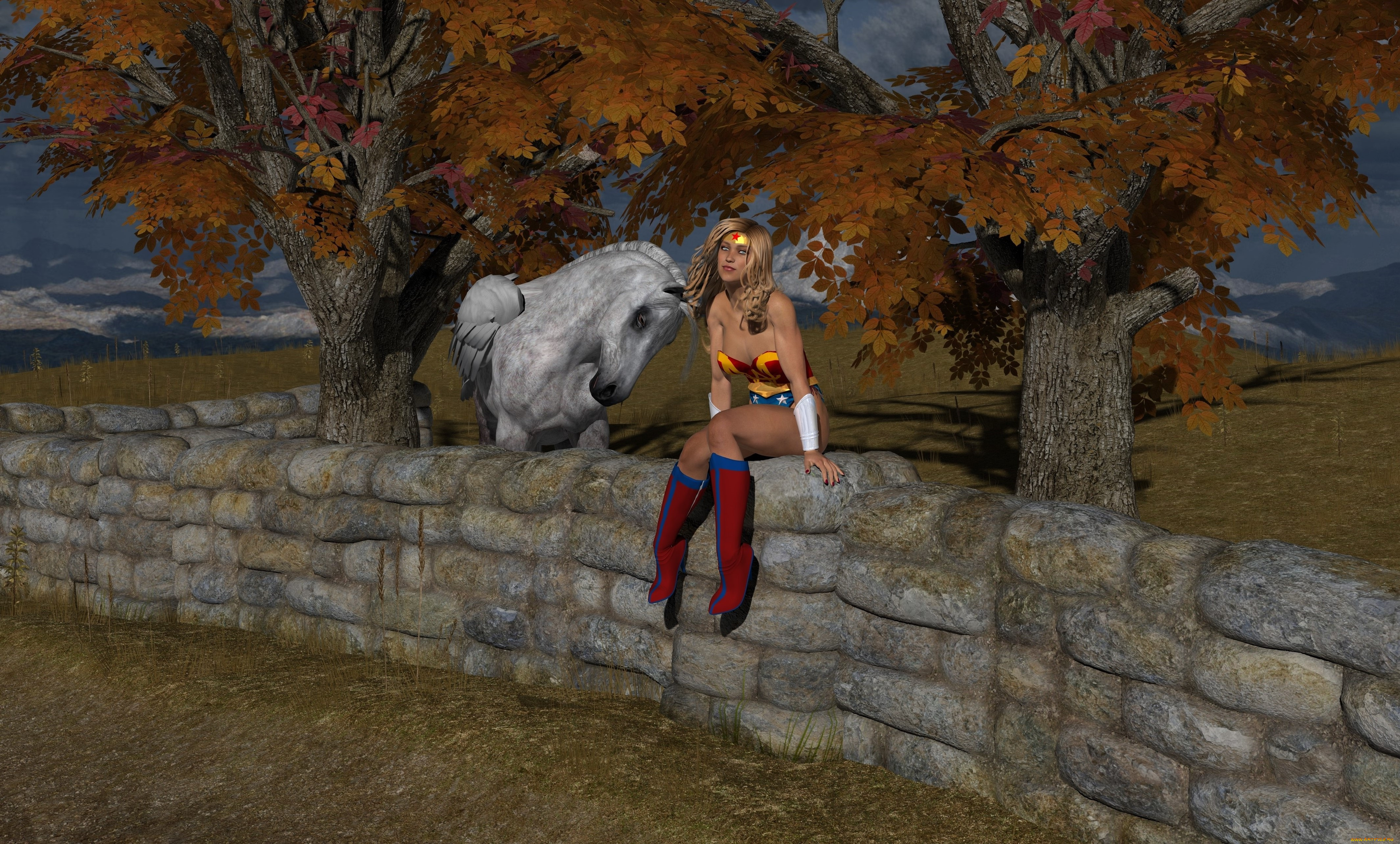 3д, графика, фантазия, , fantasy, деревья, пегас, забор, фон, взгляд, девушка