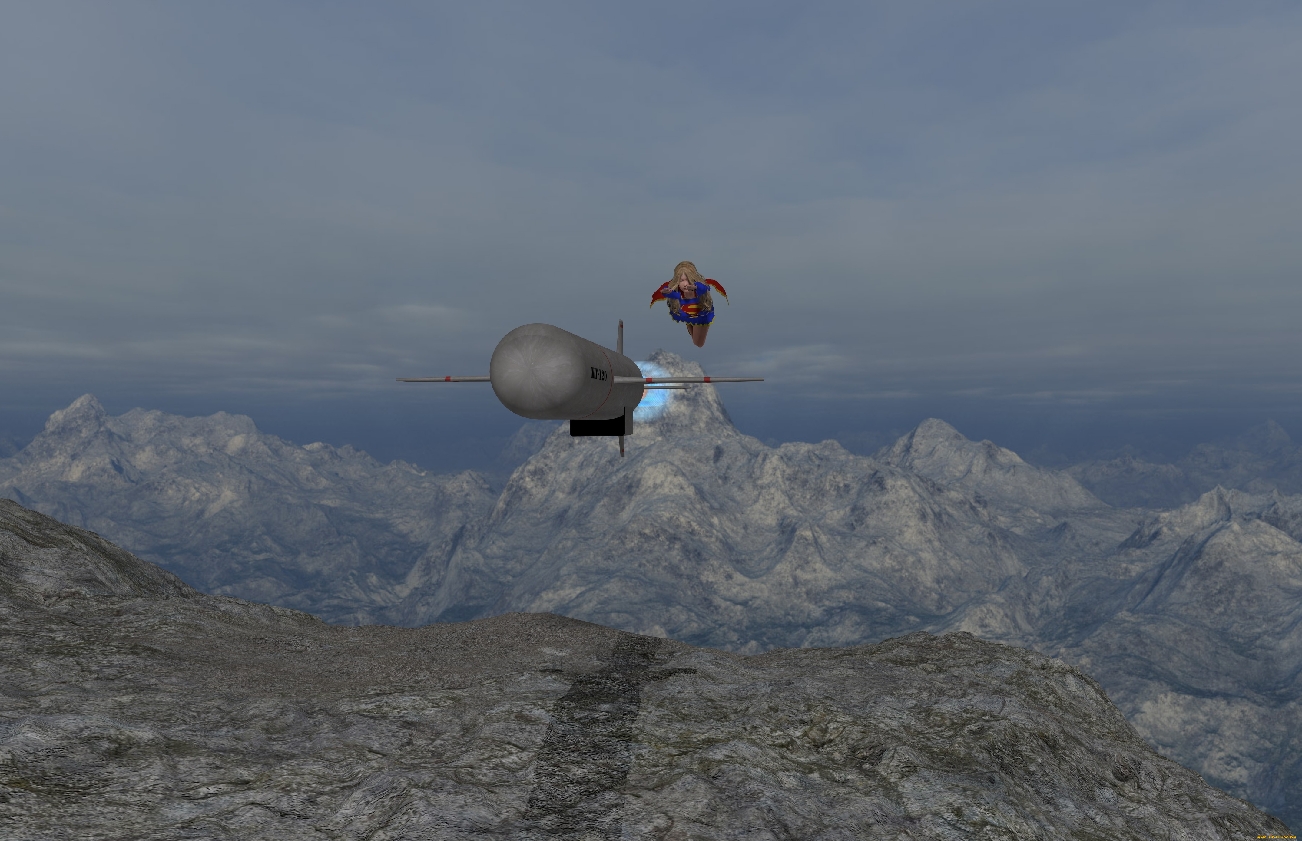 supergirl, 3д, графика, фантазия, , fantasy, девушка, полет, фон, взгляд, супермен, горы