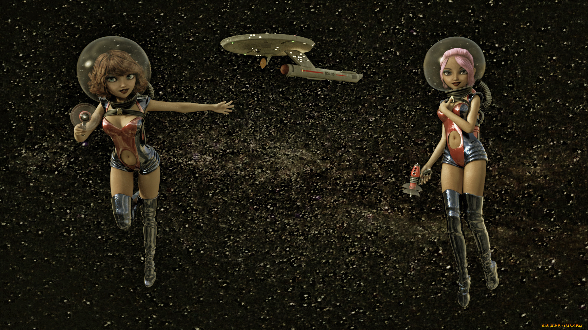 3д, графика, фантазия, , fantasy, космический, корабль, девушки, звезды, вселенная, полет, фон, взгляд