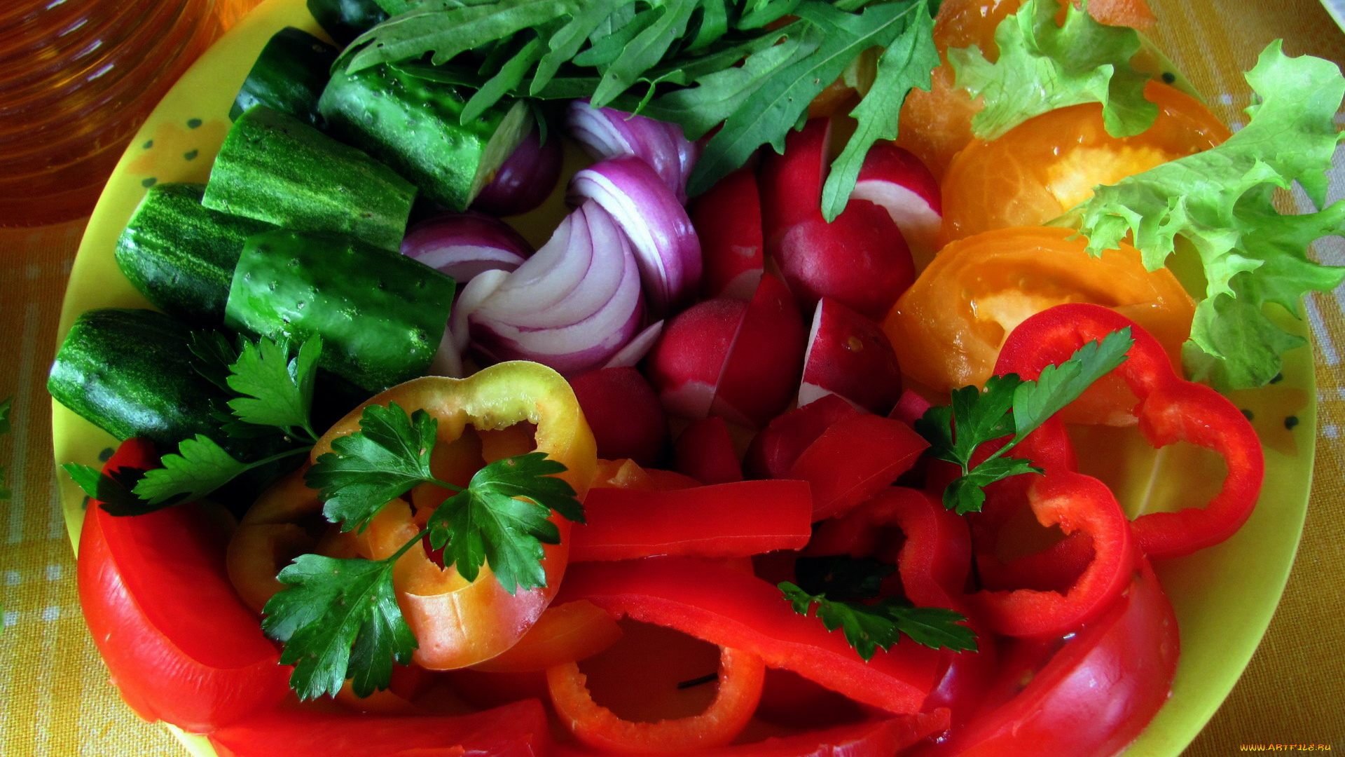 еда, овощи, лук, зелень, огурцы, редис, перец