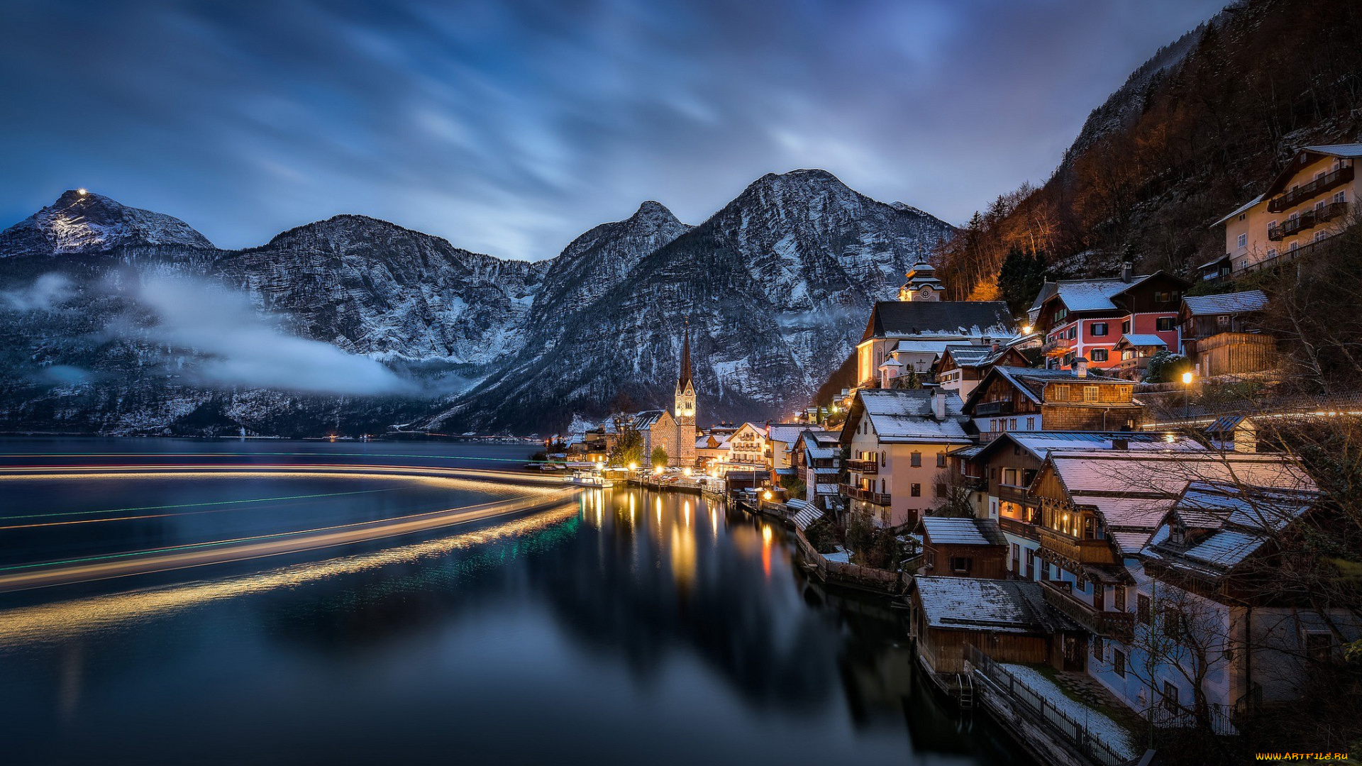 города, гальштат, , австрия, облака, горы, озеро