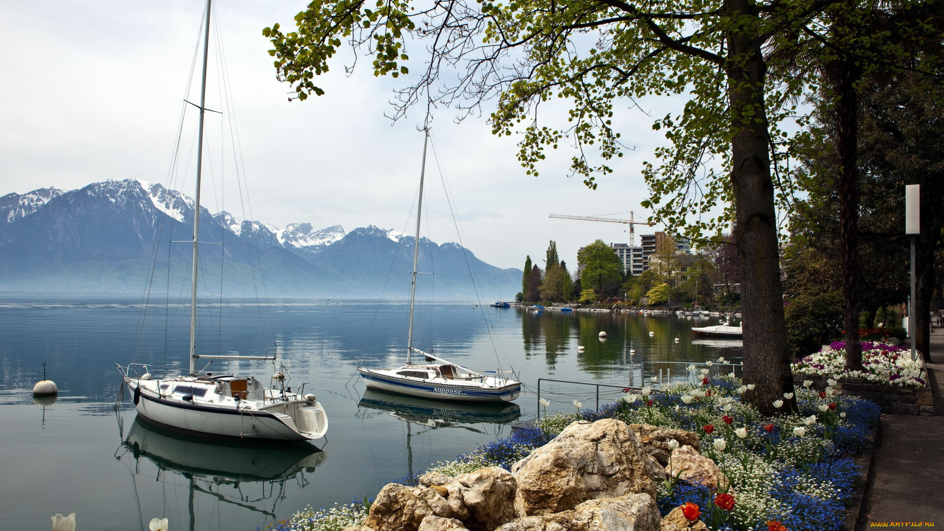 корабли, Яхты, клумбы, яхты, горы, озеро