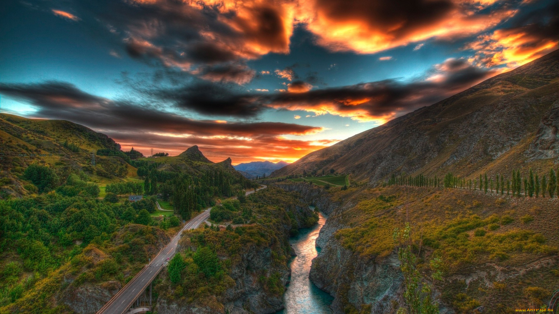 природа, пейзажи, горы, закат, река, дорога