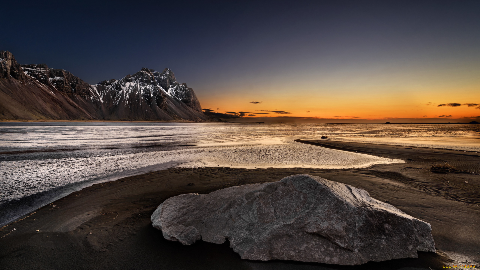 природа, побережье, закат, горы, море