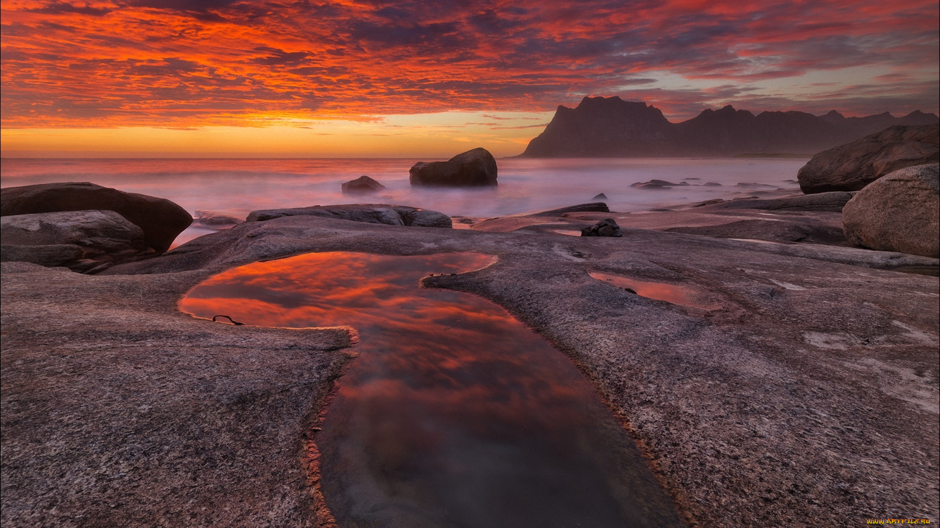 природа, побережье, закат, камни, море