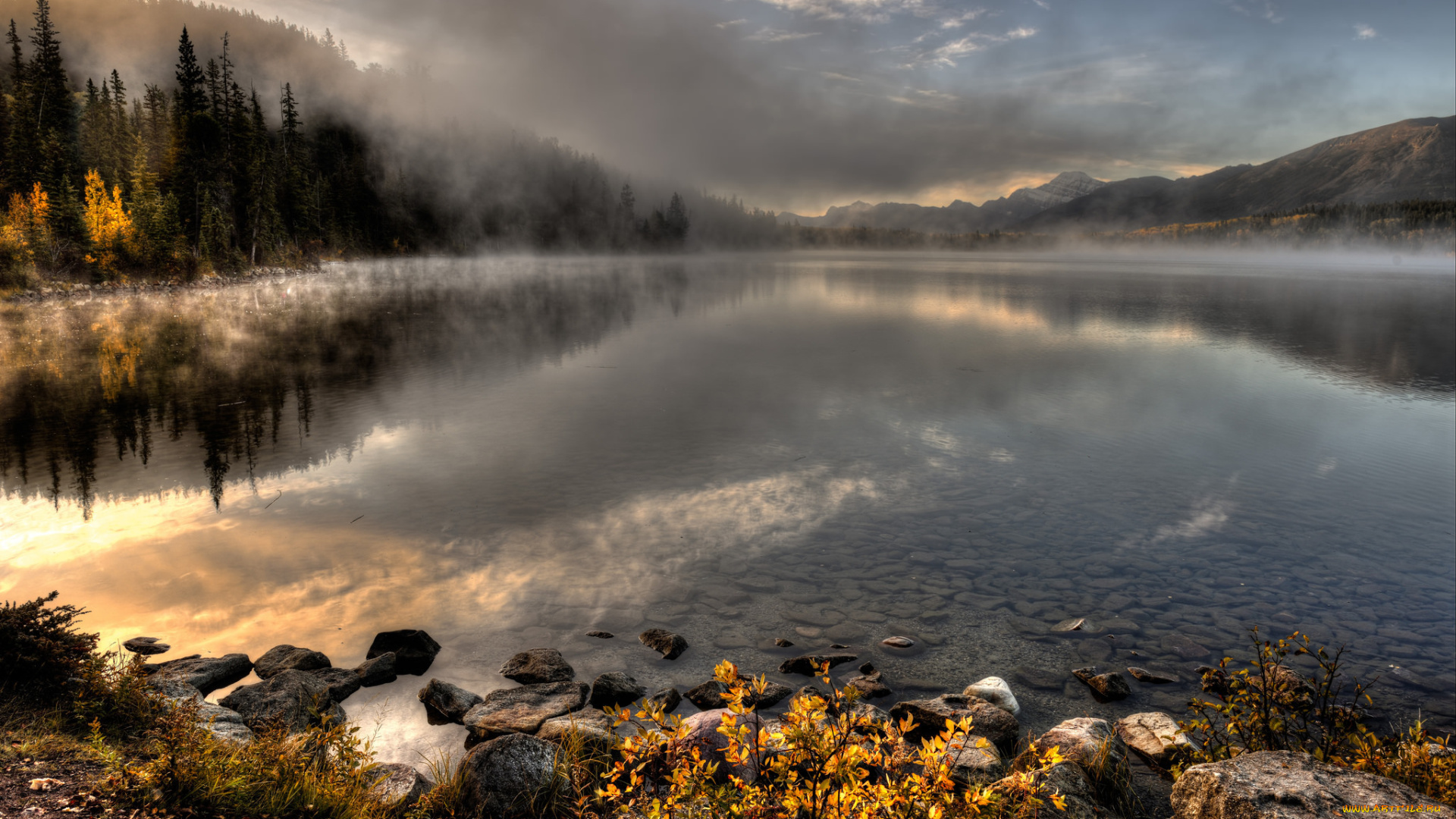 природа, реки, озера, озеро, пейзаж, туман