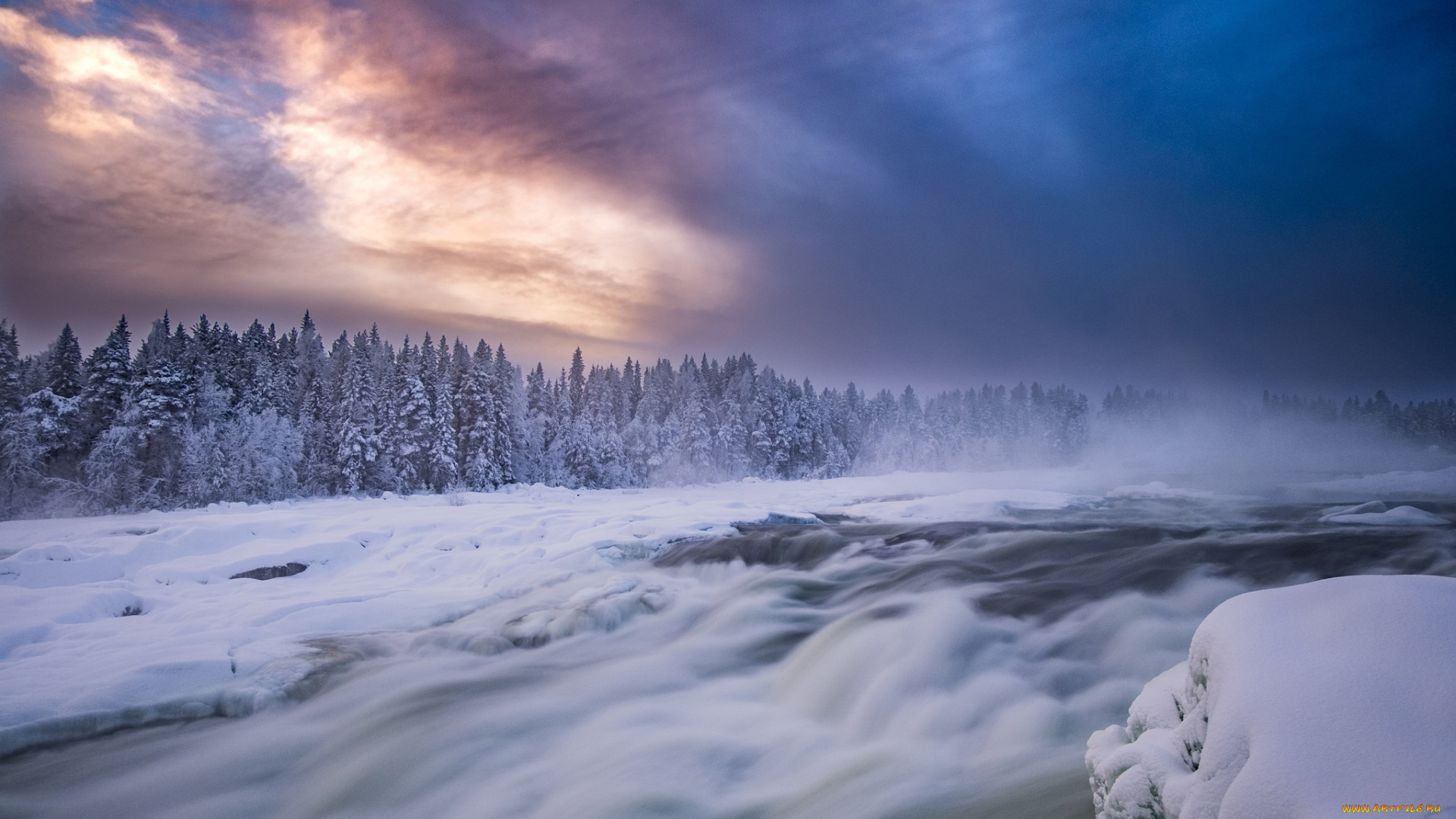 природа, реки, озера, поток, деревья, снег, лес