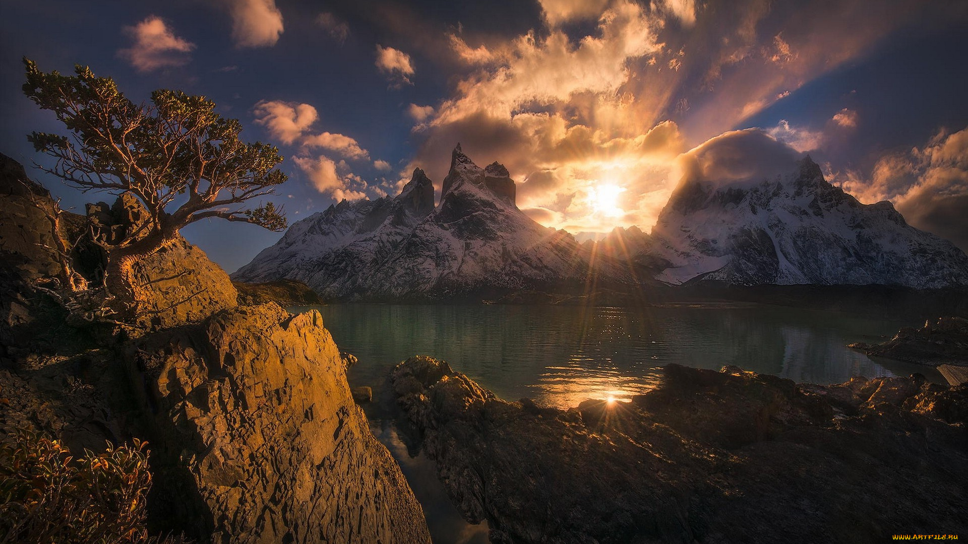 природа, восходы, закаты, Чили, горы, озеро, торрес-дель-пай