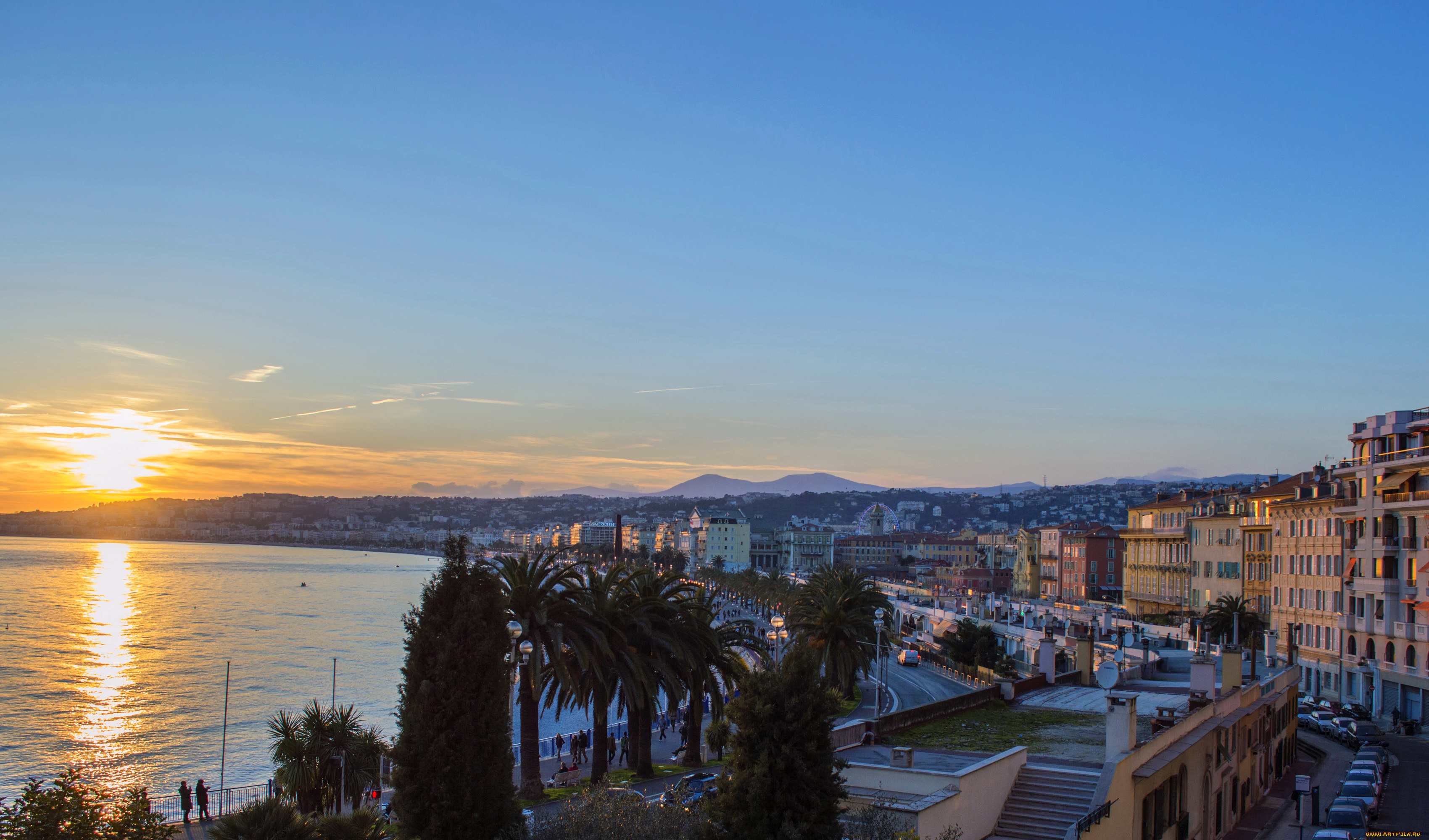 города, -, пейзажи, небо, дома, nice, франция, пальмы, закат, море, побережье