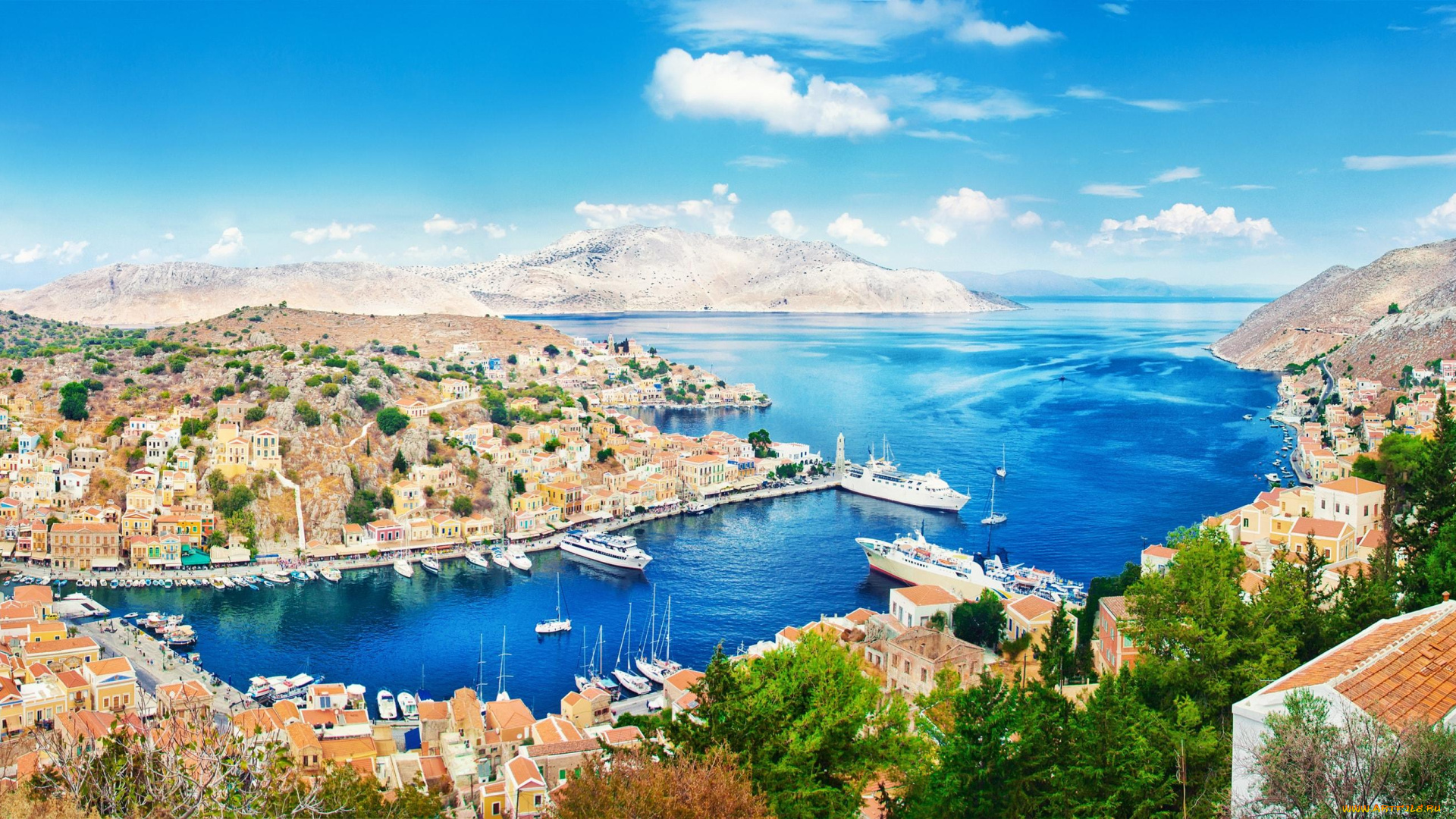 города, -, панорамы, яхты, залив, дома, горы, небо, облака, город, корабли