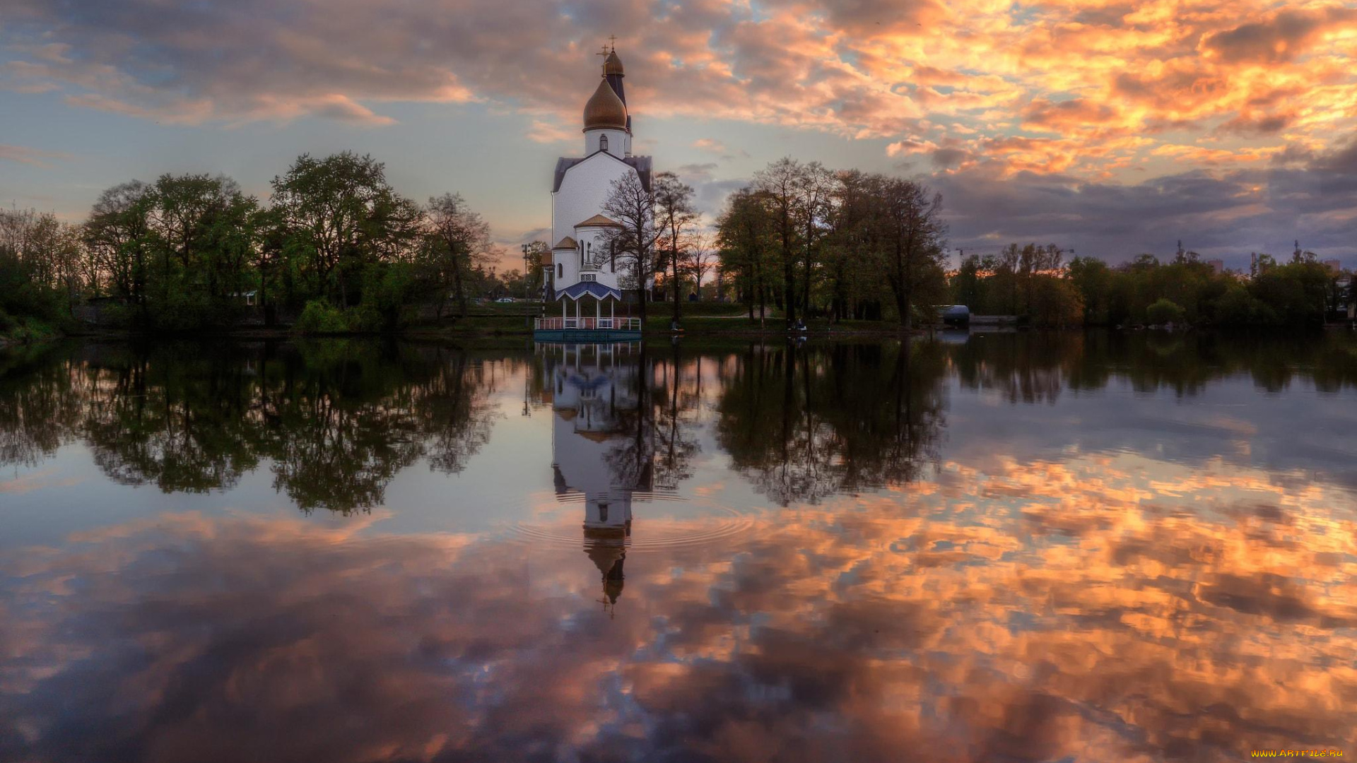 города, -, православные, церкви, , монастыри, облака, небо, вечер, деревья, озеро, закат, храм