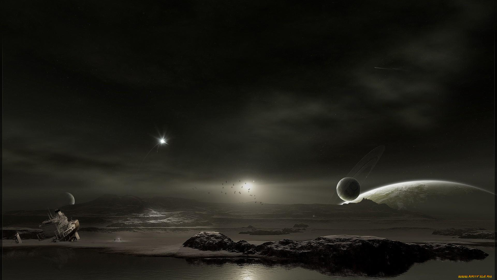 космос, арт, небо, поверхность, планеты, озера, камни, корабль