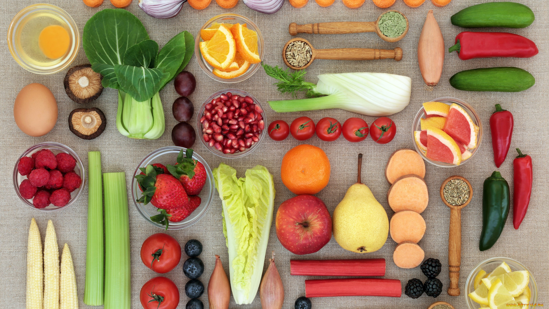 еда, фрукты, и, овощи, вместе, клубника, черника, лук, кукуруза, яйца, апельсин, яблоко, грибы, лимон, малина