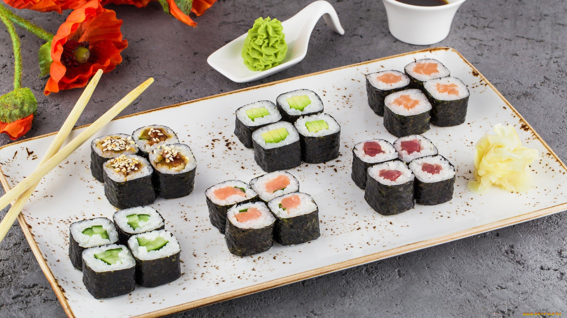 еда, рыба, , морепродукты, , суши, , роллы, цветы, стол