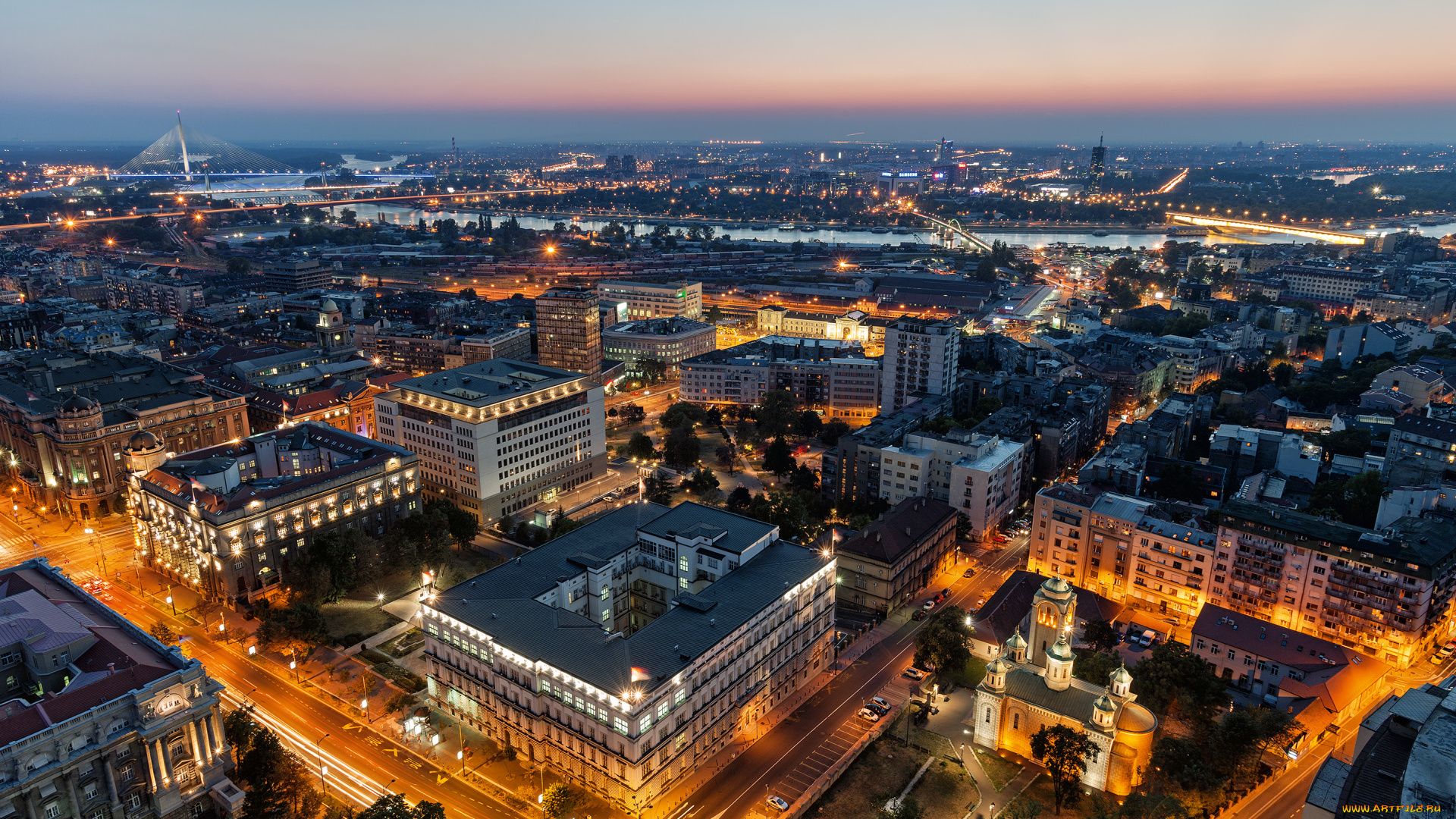 города, белград, , сербия, панорама, столицы, белград, освещение, ночное, закат, вечер, улица