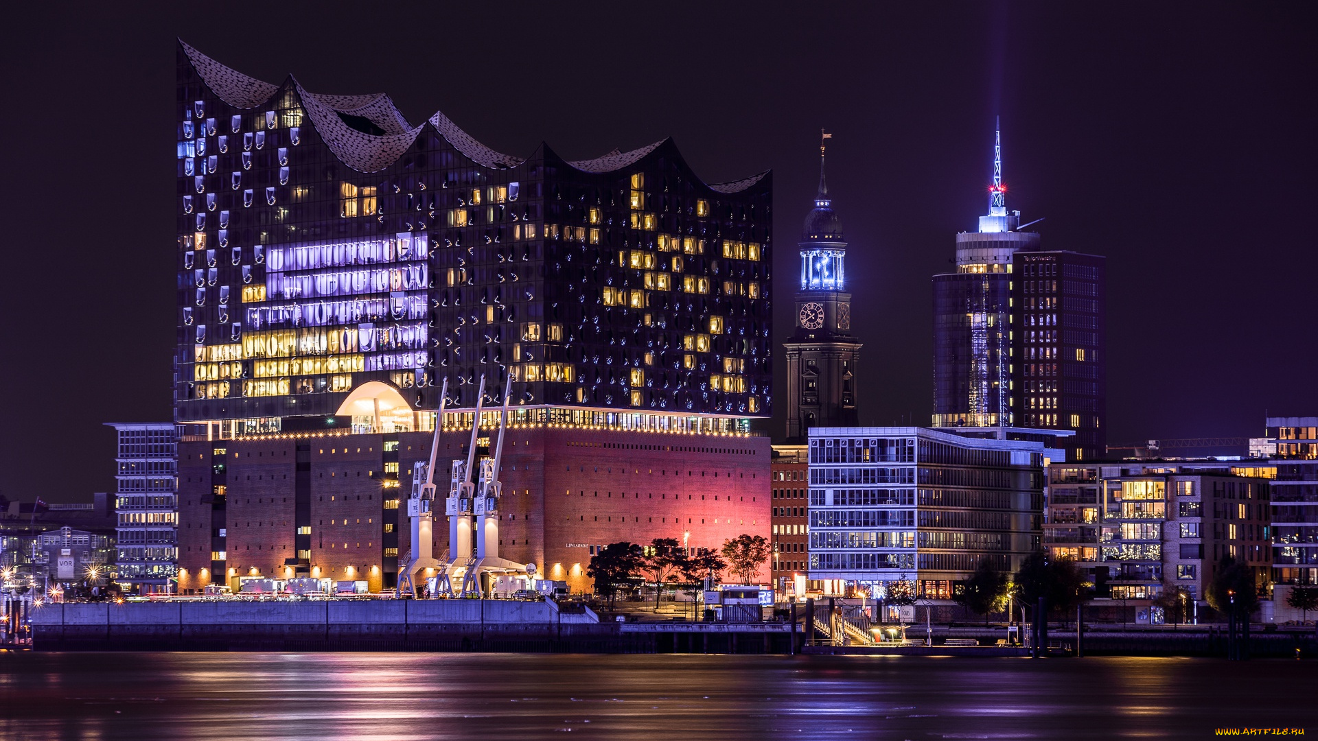 города, гамбург, , германия, ночь, эльффилармония, гамбург