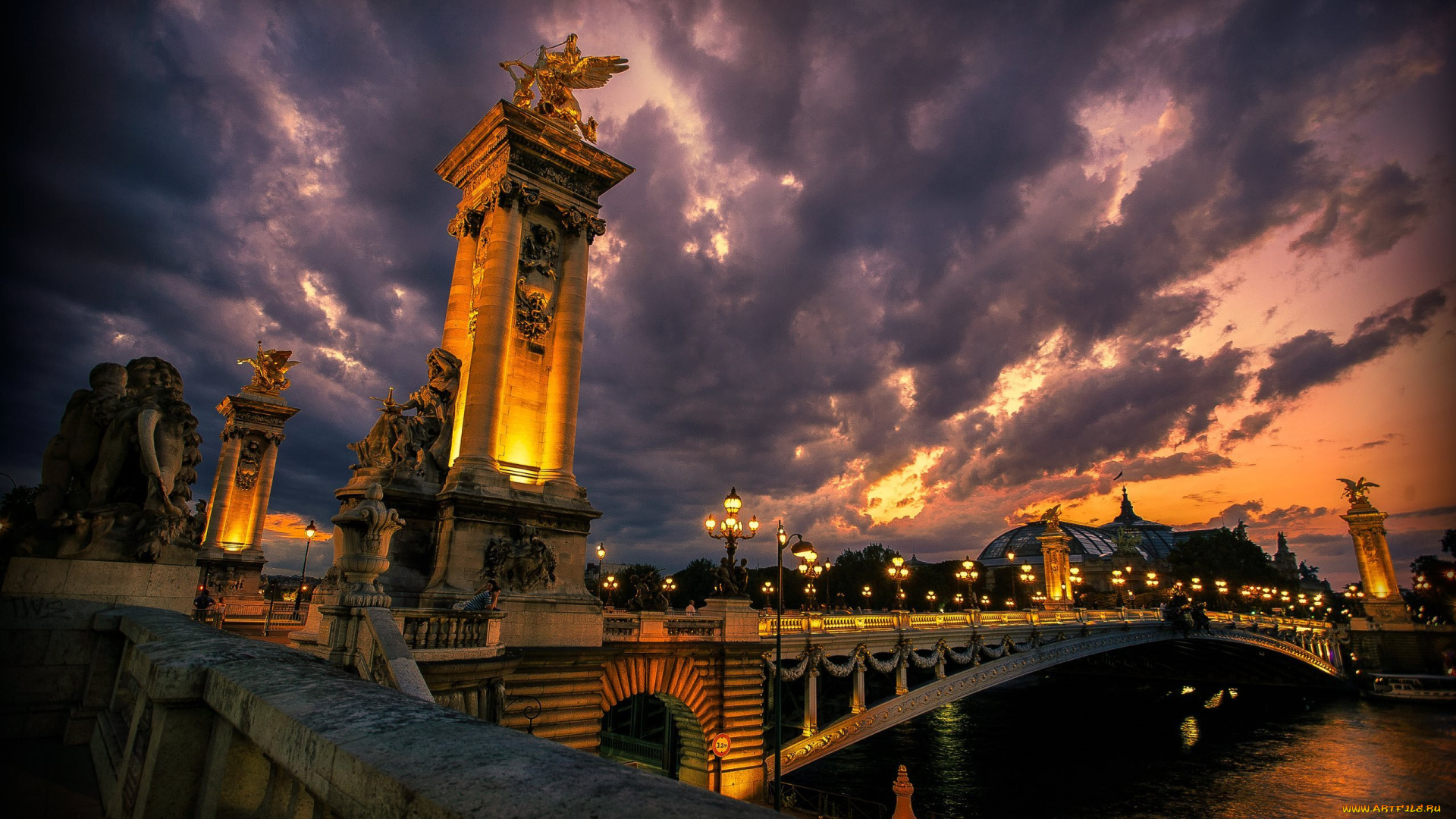 города, париж, , франция, вечер, мост, тучи