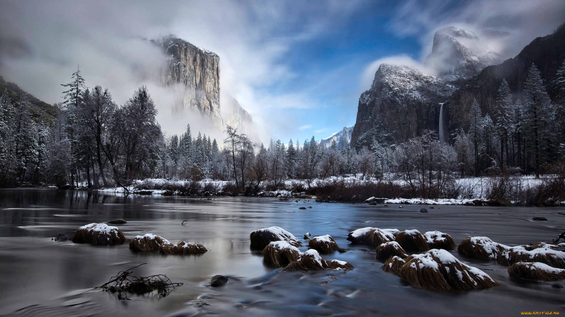 природа, реки, озера, туман, горы, зима, снег, облака, небо, лес, деревья