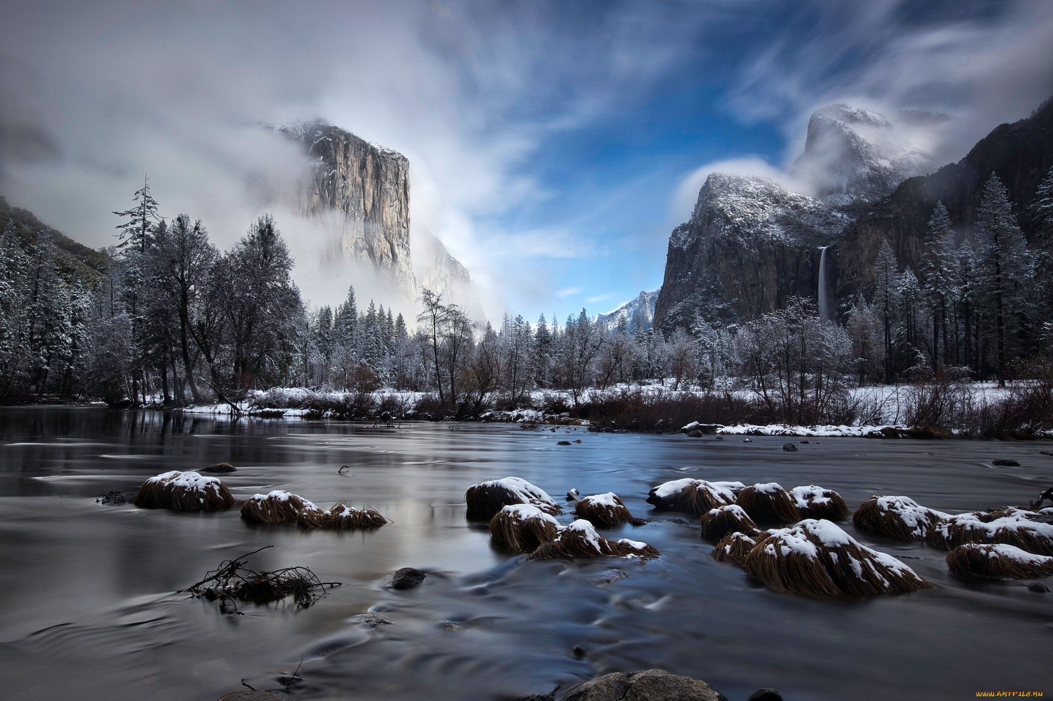 природа, реки, озера, туман, горы, зима, снег, облака, небо, лес, деревья