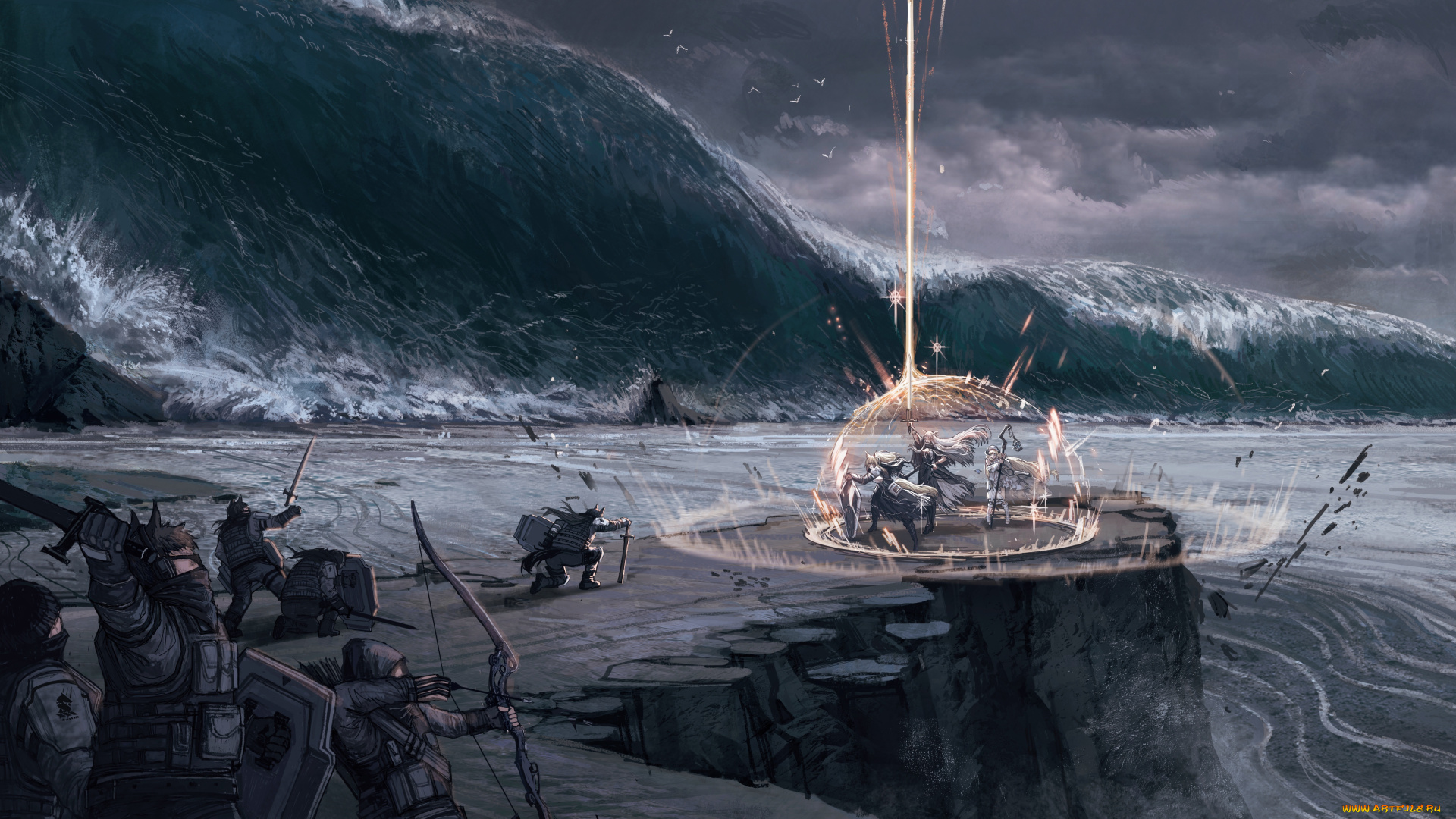 аниме, arknights, буря, магия, барьер, девушки, скалы, море