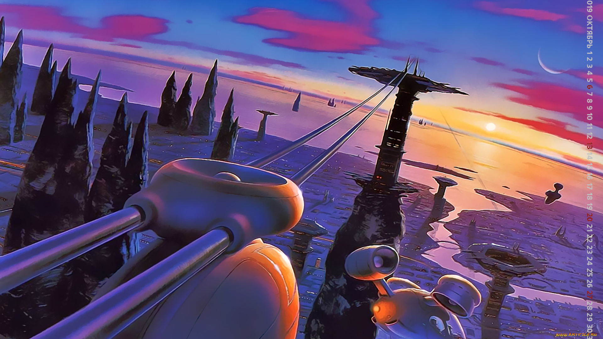 календари, фэнтези, закат, водоем, звездолет, 2019, calendar, планета