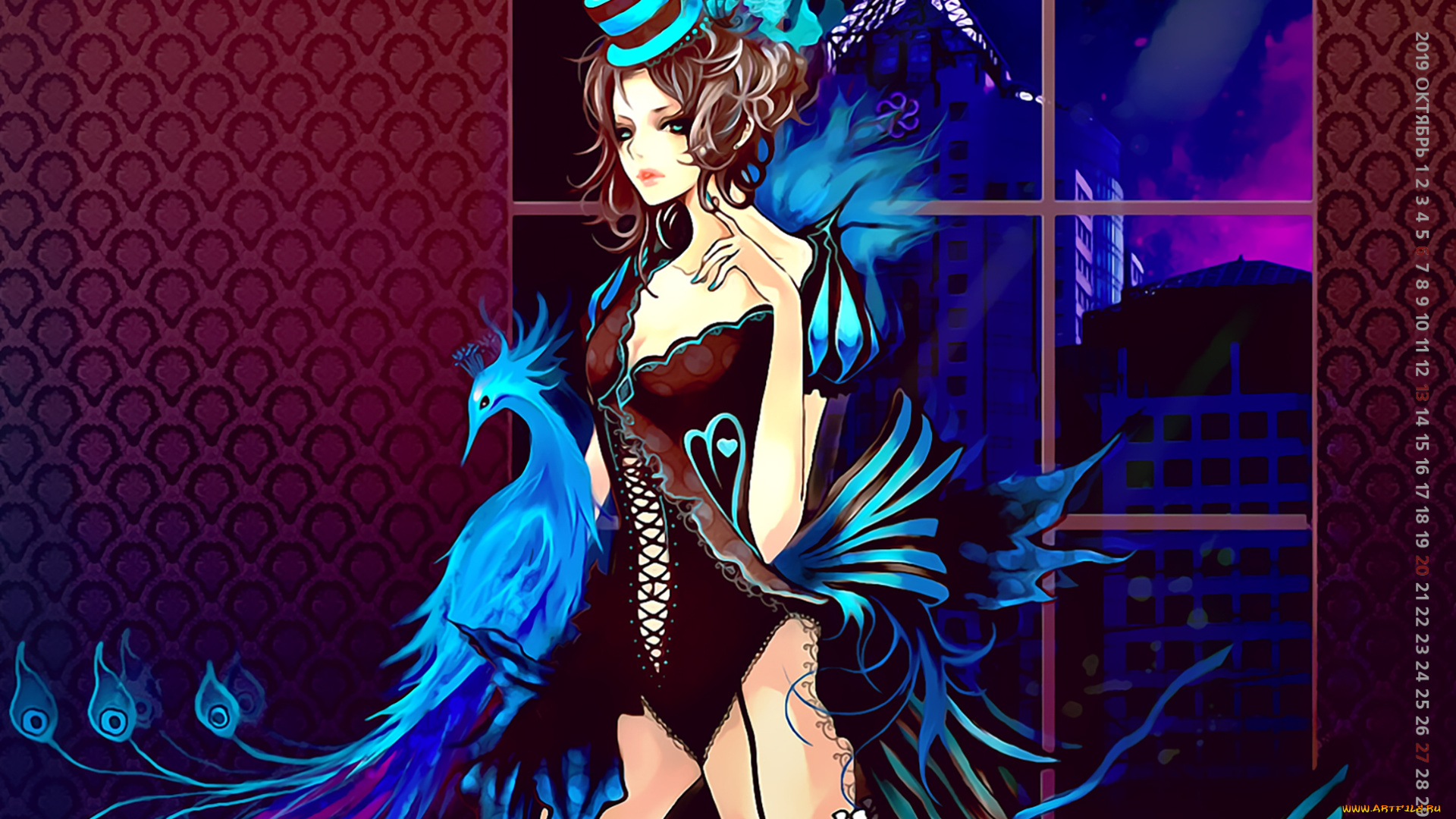 календари, фэнтези, женщина, девушка, 2019, calendar, птица, шляпа