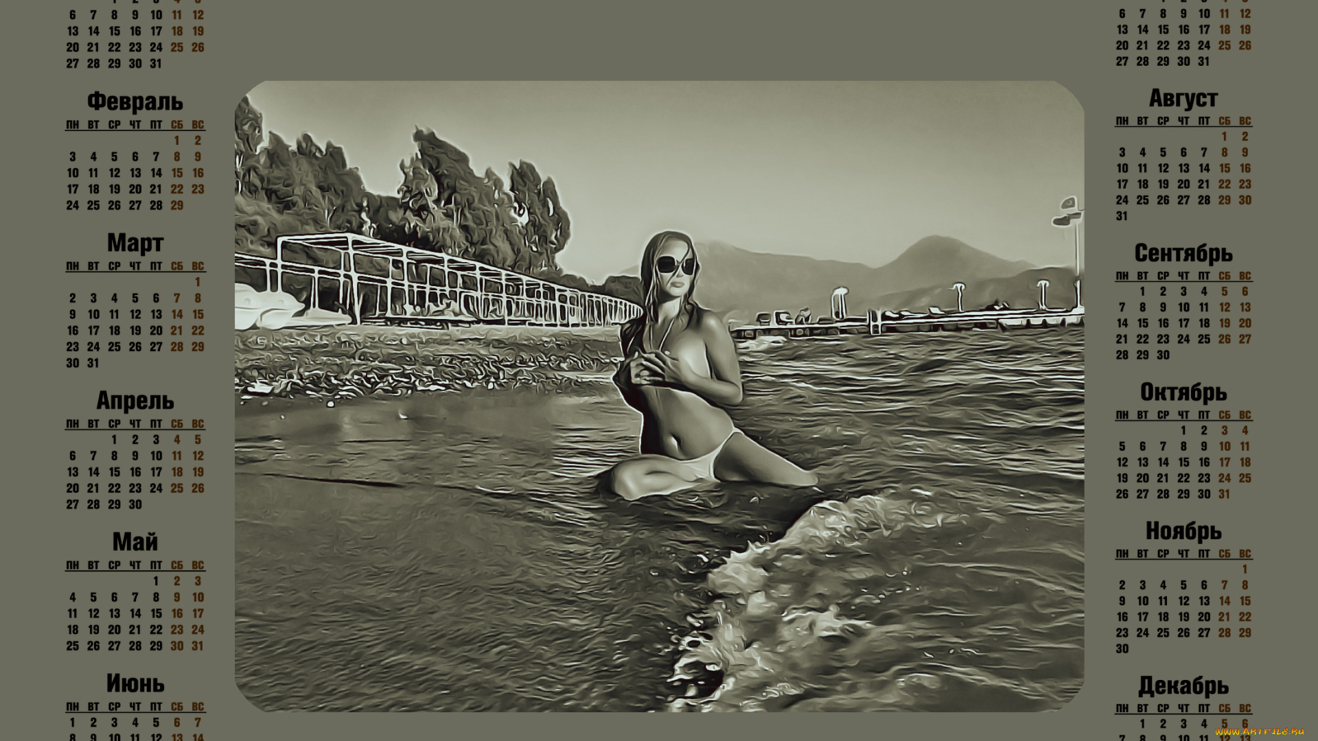 календари, компьютерный, дизайн, 2020, calendar, вода, очки, девушка, модель, водоем