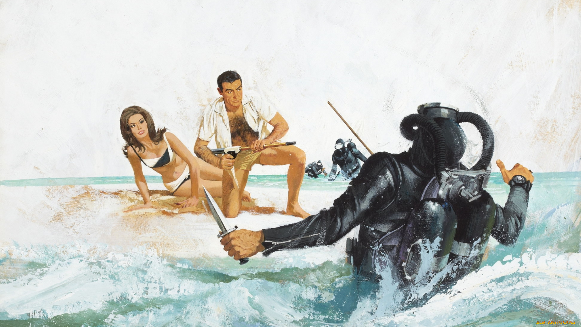 рисованное, кино, оружие, джеймс, бонд, девушка, нож, аквалангисты, море